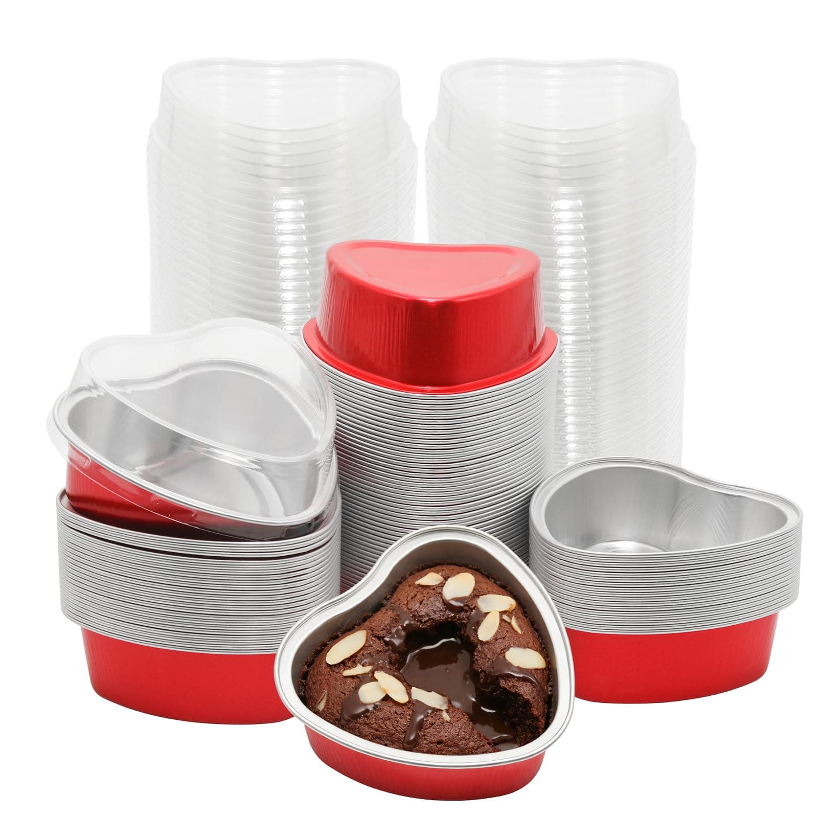 Wuyituart 100 Pack 3.4oz Aluminum Cake Pans with Lids Heart Shaped Cupcake Cups with Lids Flan Baking Cups, Red