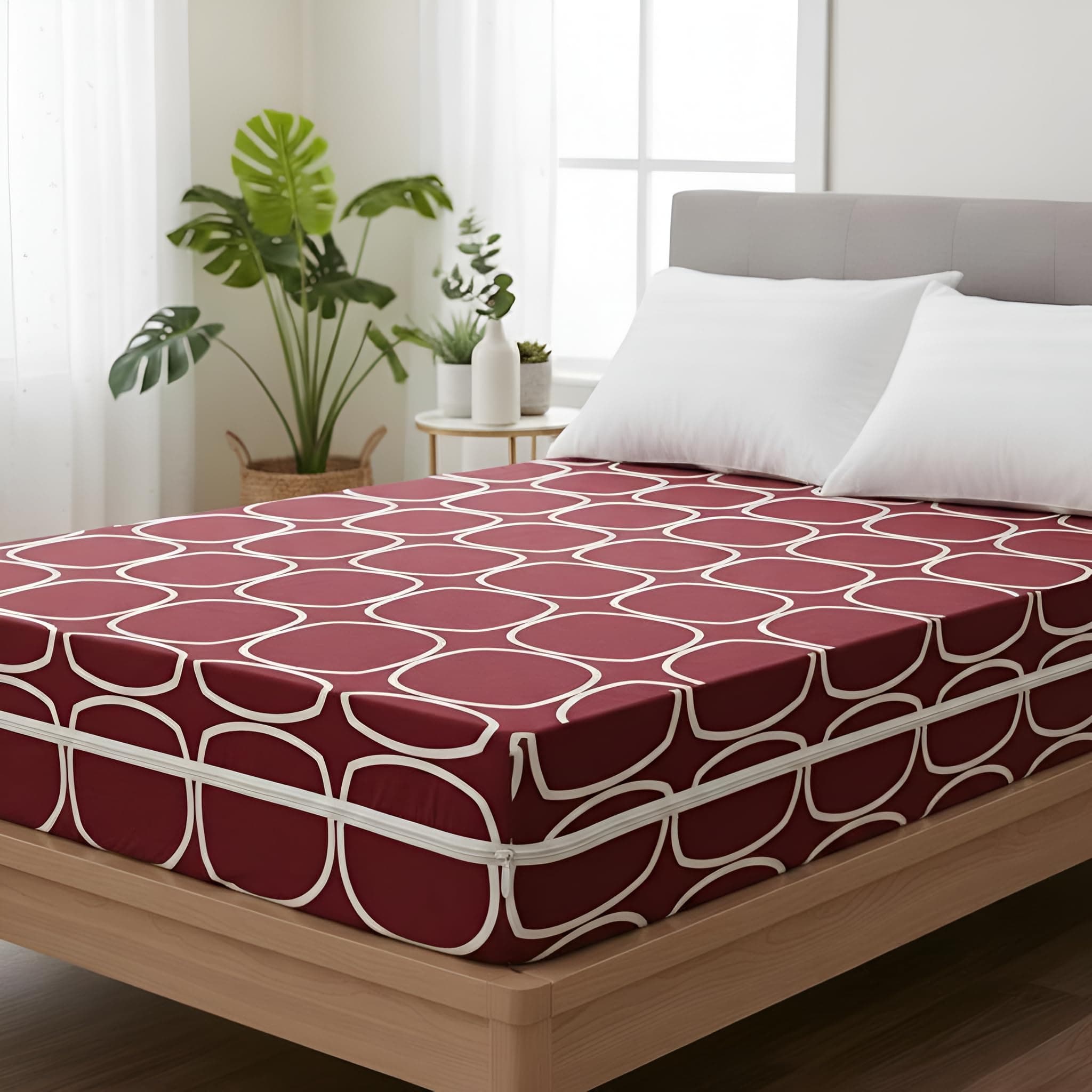 Fairy Down® Cotton Printed Mattress Cover/Protector with Zipper Chain| Protection with 360° Encasing |Single Size Bed - 75x72+6 inches (6 x 3 Feet Mattress) - Pack of 1 - Maroon (75x72x6)