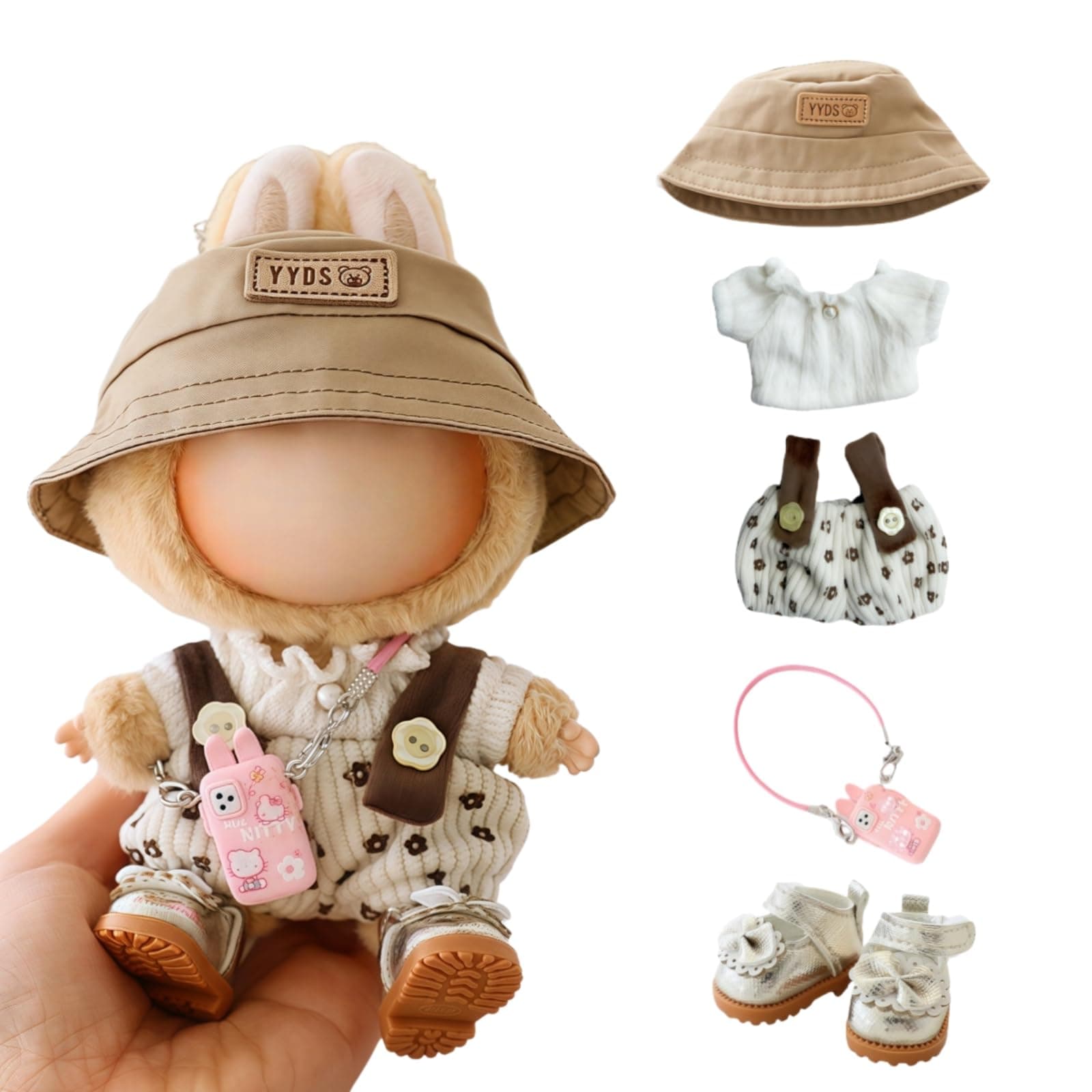 Clothes for Lu bubu 17cm Dolls Accessories(No Doll), Cute Outfit Set 5 Pieces Bib Pants for 17cm Doll Suit, Stylish Dress Up Overalls Doll Clothing Set Replacement with Hat Clothes Shoes Beige