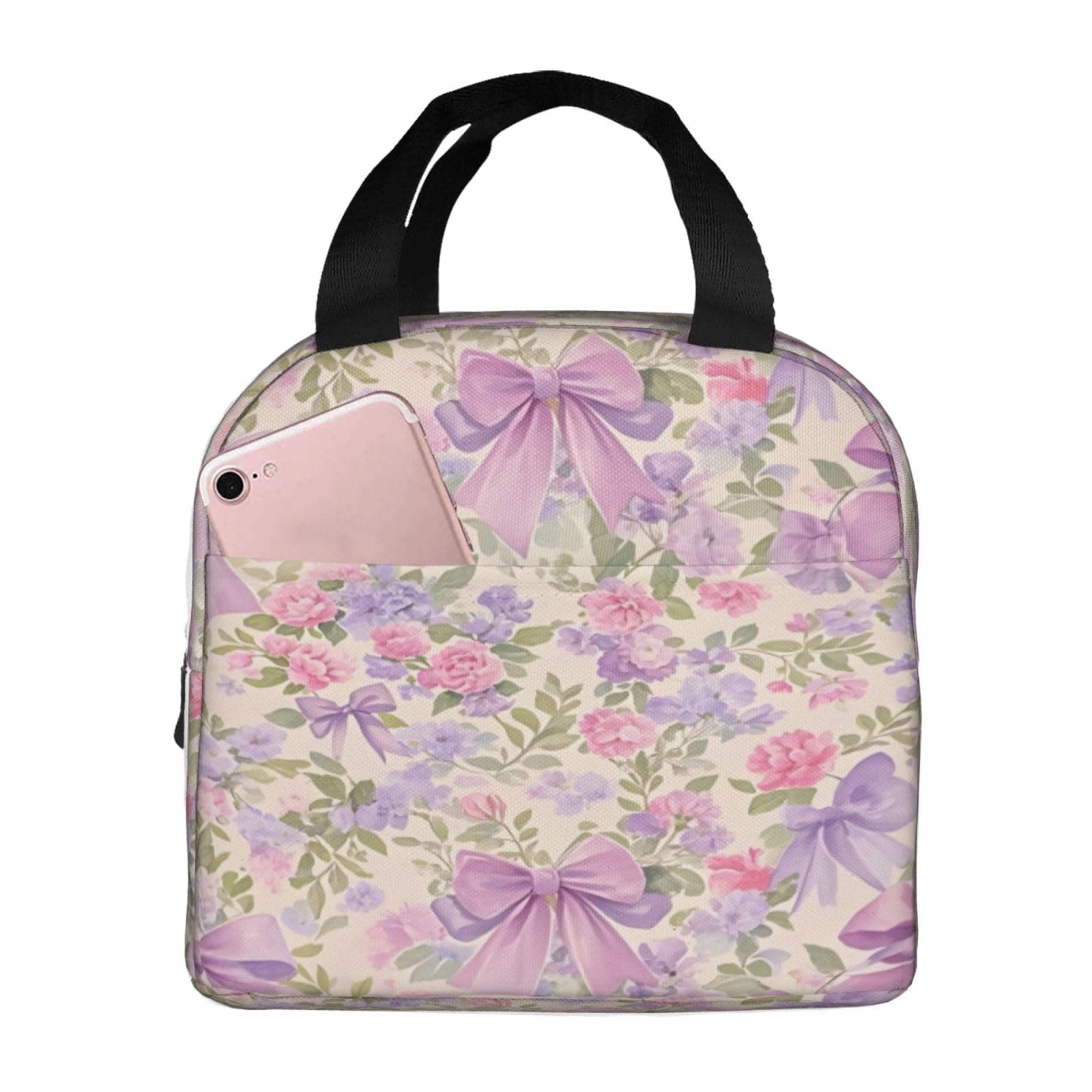 Pink Purple Rose Floral Bow Insulated Lunch Bag Portable Reusable Lunch Box Thermal Cooler Tote Bag With Pockets For Women Men Work Office Picnic Travel
