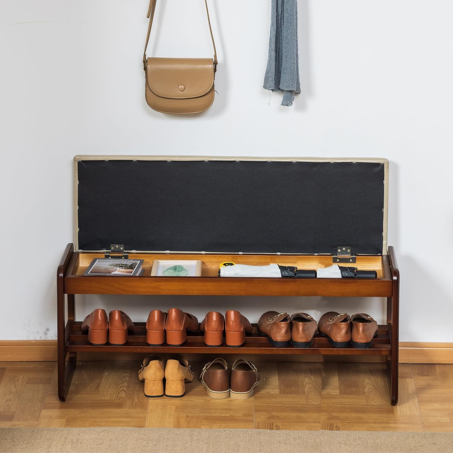 SOBIBO Solid Wood Shoe Bench, 2-Tier Entryway Bench with Cushion and Flip-Open Storage Box, Mid-Century Modern Shoe Bench Rack for Hallway, Mudroom(Gray, 39.4'')