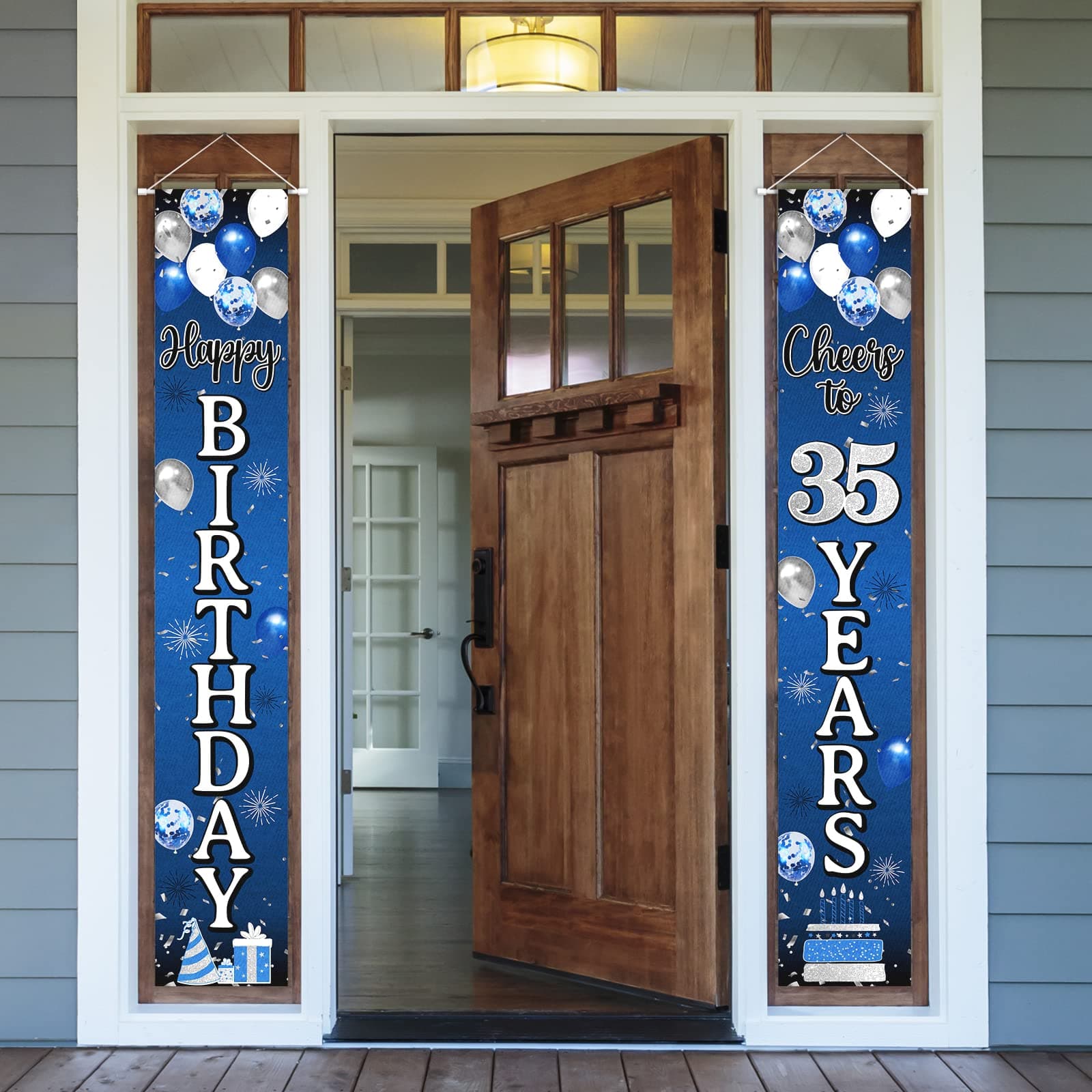Nelbiirth Happy 35th Birthday Decorations,35th Blue & Silver Balloon Birthday Theme Door Hanging Banner Sign,35th Bday Party Supplies.