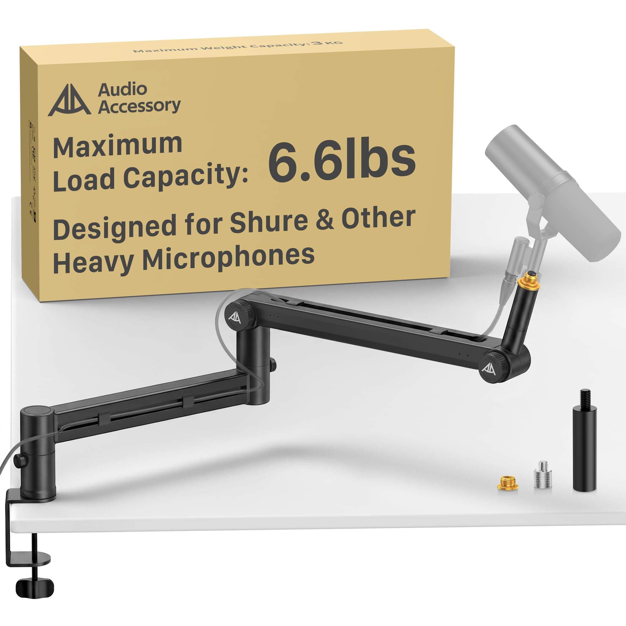 AA AUDIO ACCESSORY Mic Arm Desk Mount (Design for Heavy Mic) 6.6lbs Load Capacity, Stable Gear Lock Never Sags, Metal Low Profile Microphone Boom Stand for Shure SM7B SM7dB MV7, Blue Yeti, Rode PodMic