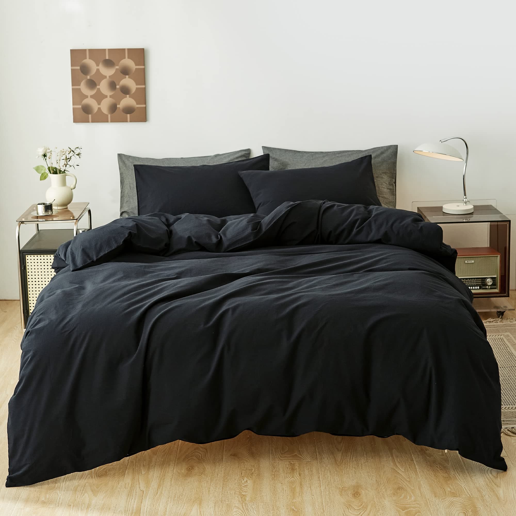 FANSTIVE Black Duvet Cover Set Washed Cotton Linen Like, King