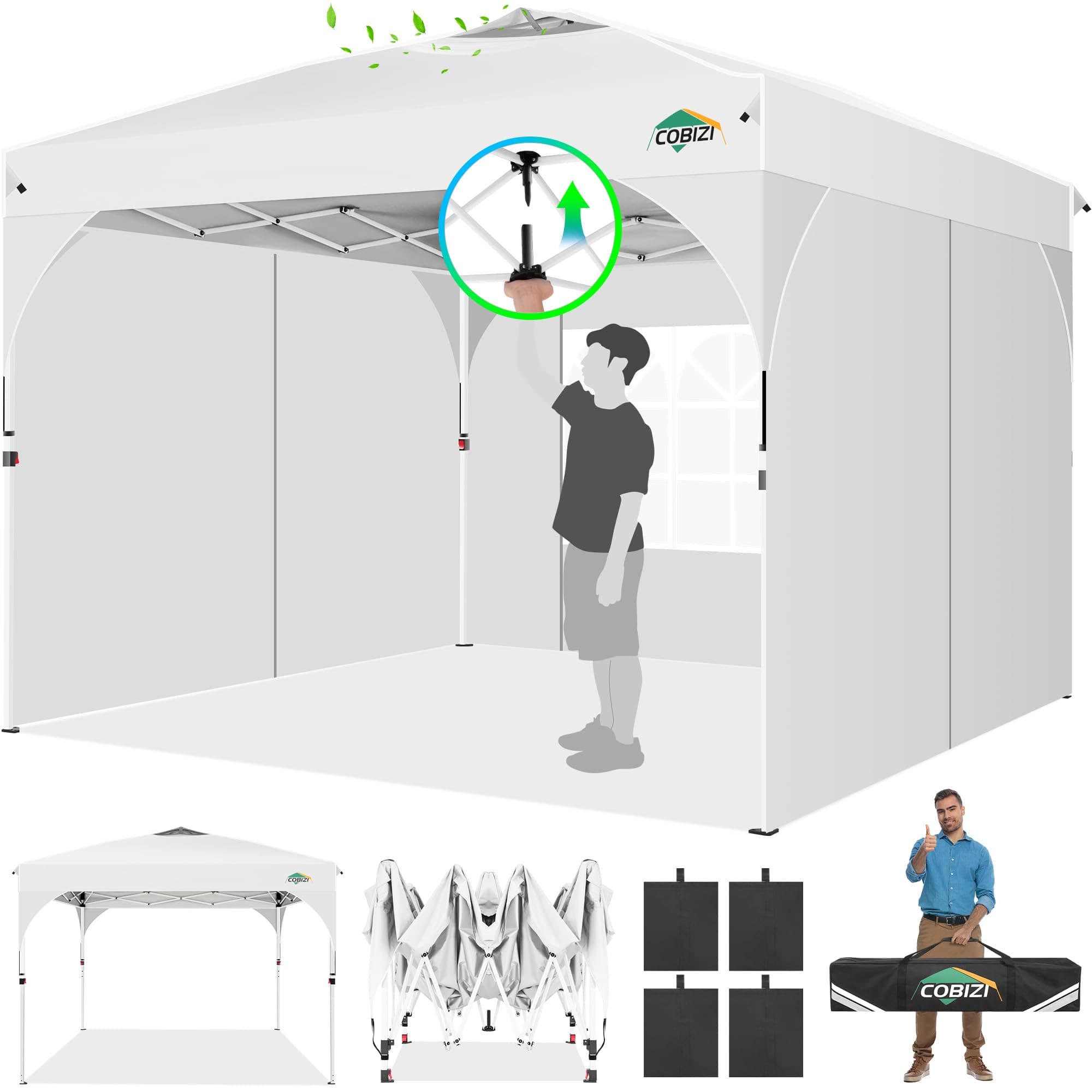 COBIZI 10x10 Pop up Canopy, Canopy Tent for Party with One Push Central Button Air Vent, Event Shelter with Sidewalls and Reflective Strip (White)