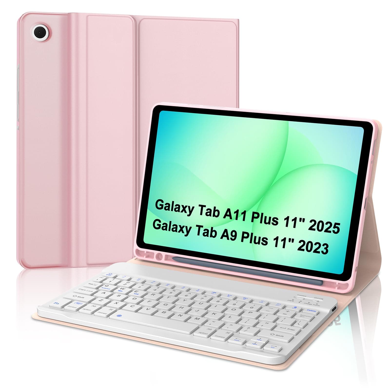 Case with Keyboard for 11 inch Samsung Galaxy Tab A11+ Plus/A9+ Plus,Detachable USB-C Magnetic Keyboard Case,Wireless Detachable Keyboard,with S-Pen Holder for Samsung Galaxy Tab A9/A11 11'',Pink