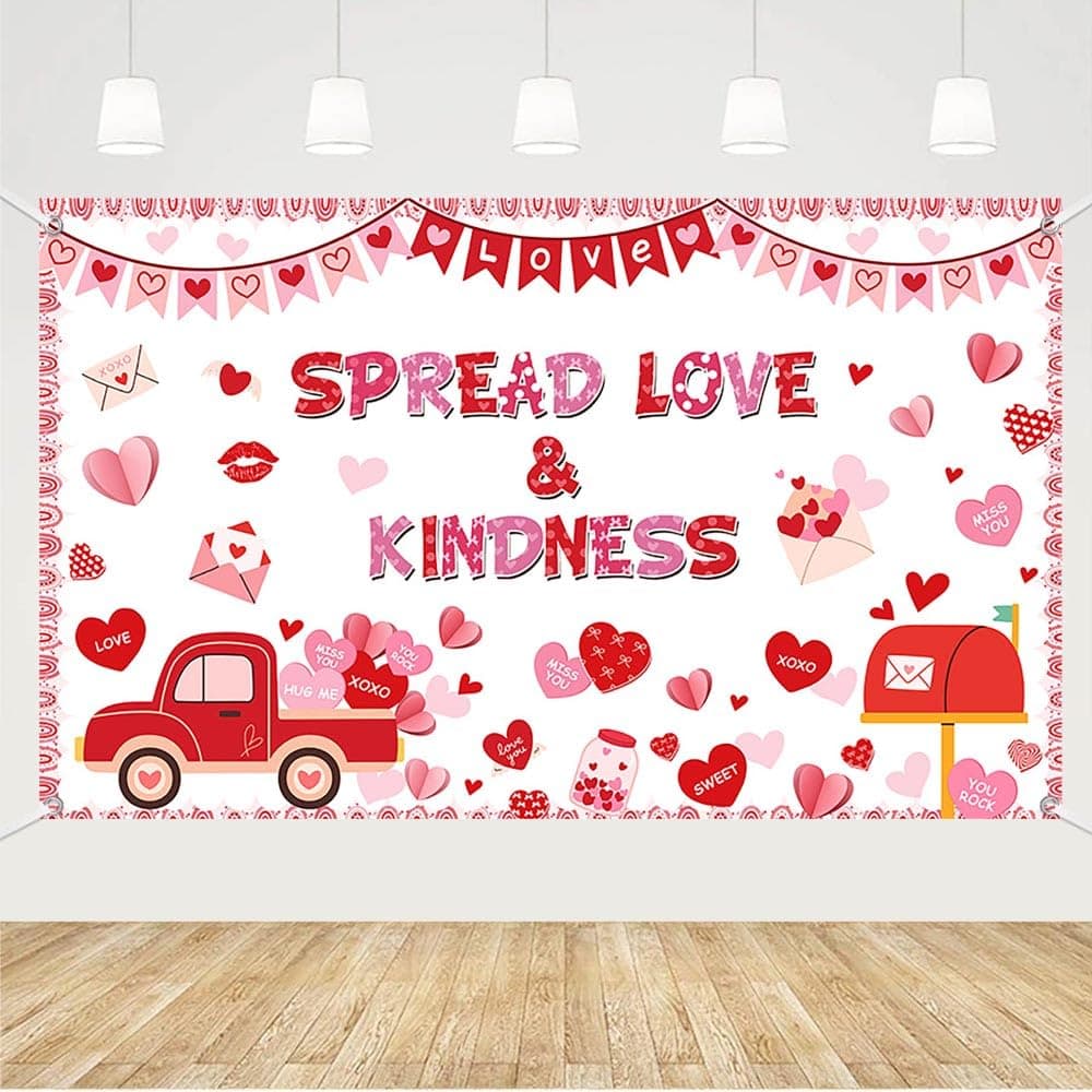 MEHOFOND 70.8x43.3inch Spread Love and Kindness Banner Backdrop Valentine's Day Party Decorations Spread Love Valentine Day Decorations for Classroom Pink Red Heart Party Photo Booth Supplies