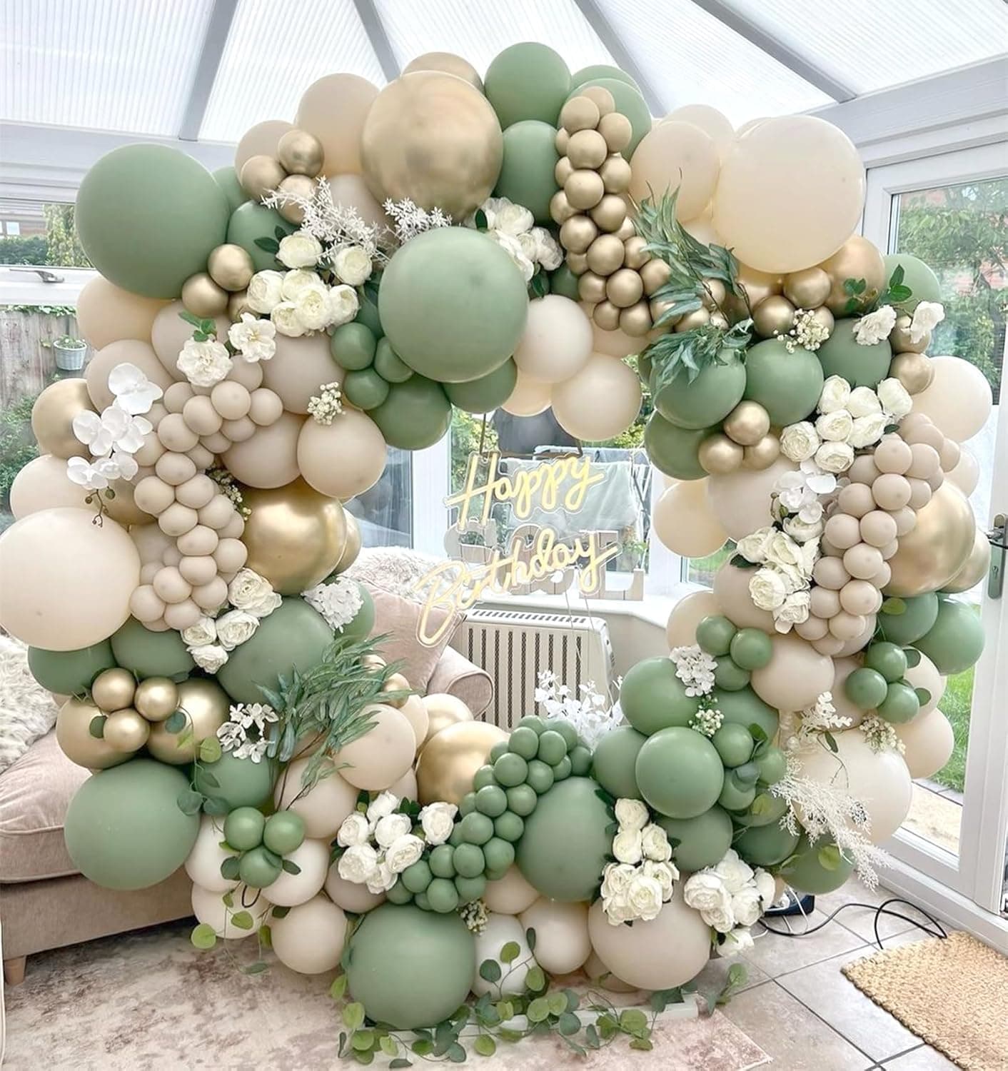 Sage Green Balloons Garland Arch Kit, 142PCS Sage Green Gold Beige Sand White with Gold Confetti Balloons in Different Sizes 5 10 12 18 Inch for Birthday Wedding Bridal Shower Boho Party Decorations