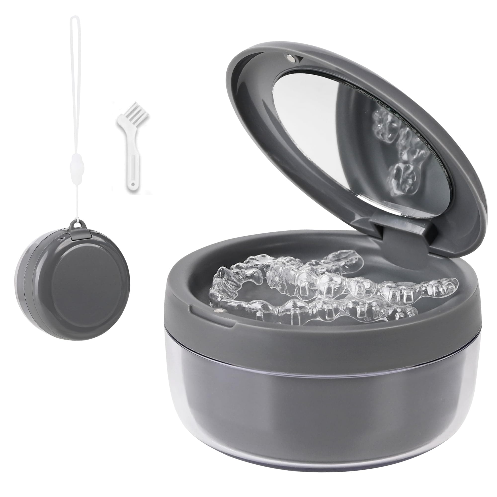 HEMILAB Denture Case, 2-in-1 Retainer Cleaner Case with Mirror & Strainer, Portable Aligner Bath Soaking Cup for Travel, Cute Orthodontic Storage Box for Mouth Guard, Night Guard & False Teeth, Grey