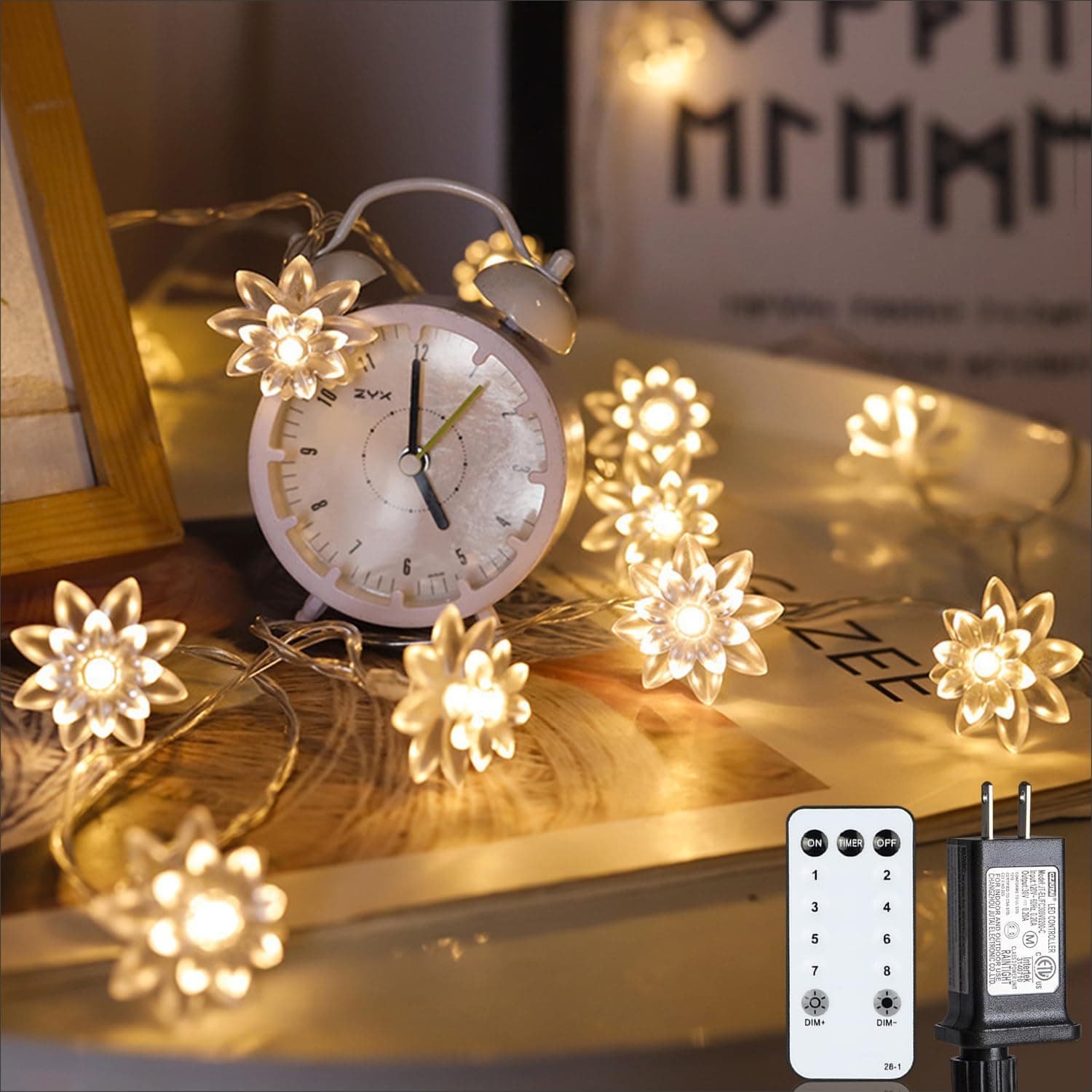 JOLYMOLY Flower String Lights 59 Ft 100 LED Christmas Lights Plug in with Remote Timer Connectable Twinkle Lights for Bedroom Dorm Wedding Christmas Tree Patio Porch Indoor Outdoor Decor, Warm White