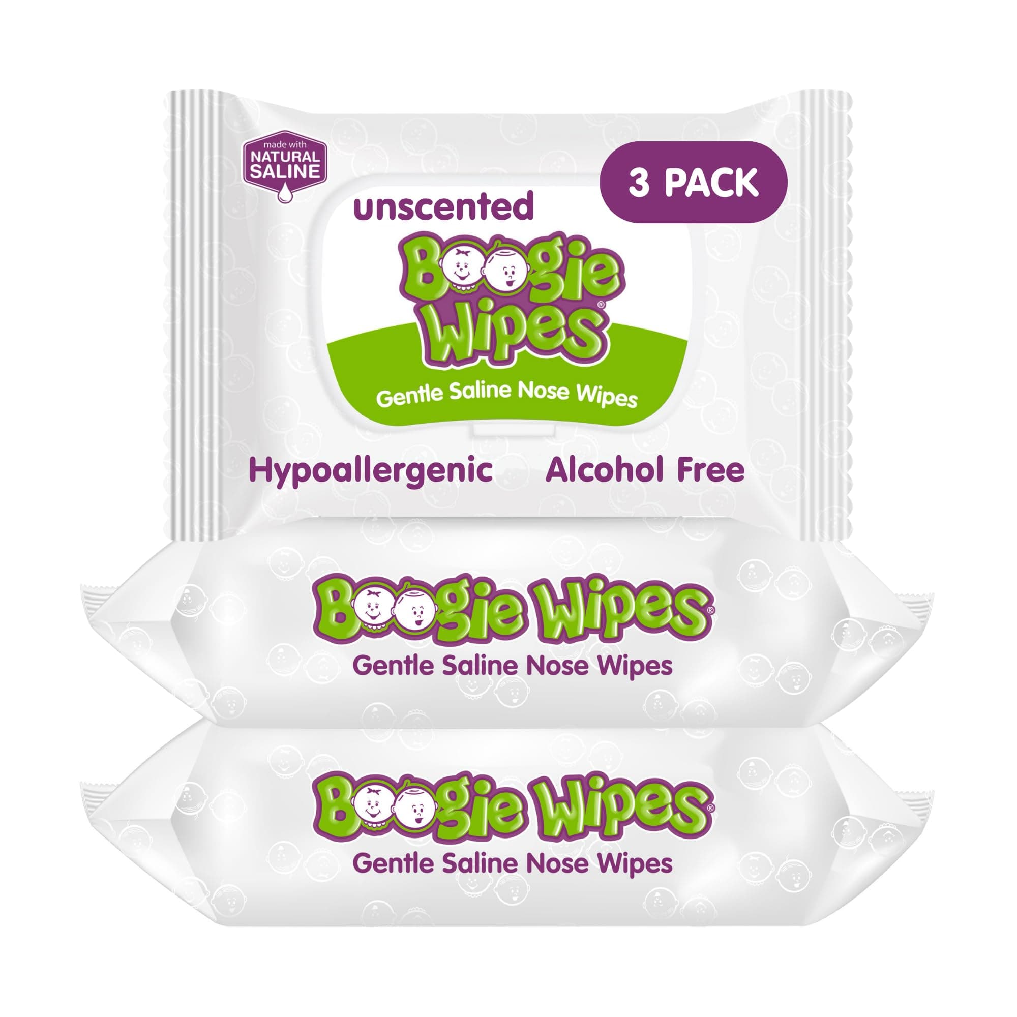 Boogie Wipes, Saline Wipes for Baby & Kids, Nose Booger Wipes for Allergy Relief, Face, Hand & Body, Made with Vitamin E, Aloe and Natural Saline, Unscented, 30 Count (Pack of 3)