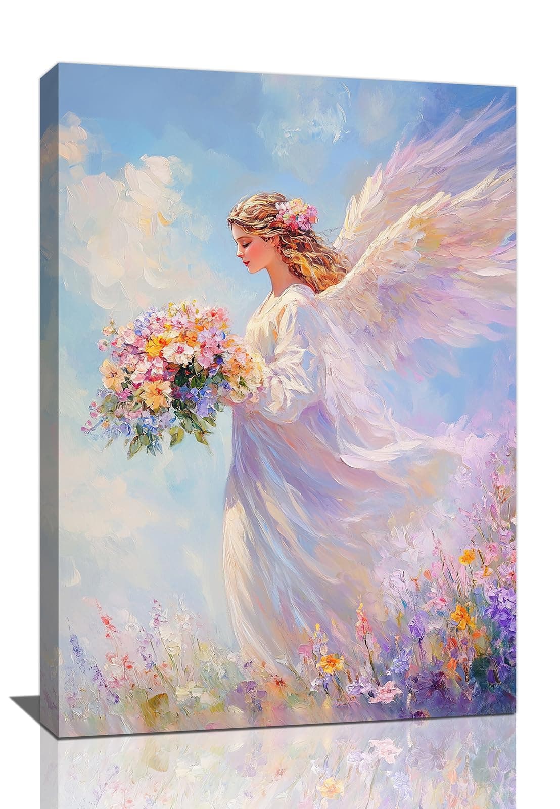 Trulave Angel Wings Wall Art, Angel Girl Canvas Wall Decor, Vintage Girl with Flowers Painting, Landscape Artwork for Bathroom Living Room Bedroom 24L x 16W