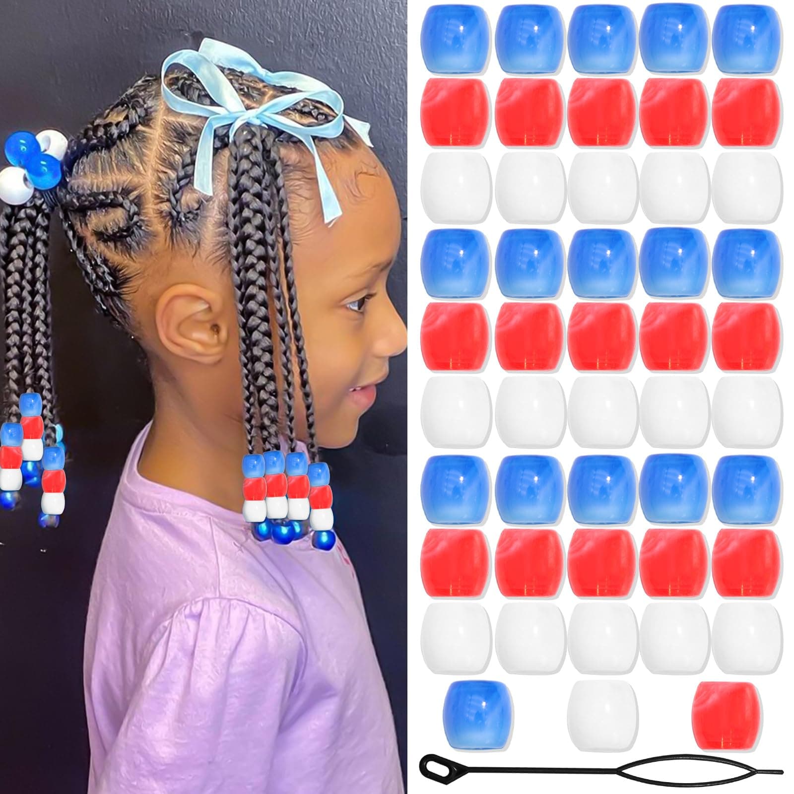 VENOFEN 48PCS Red Blue Dreadlock Beads White Acrylic Hair Beads Braids Accessories for Kids Girl Cute Loc Bead Hair Decoration Jewelry Making Kit with Tool