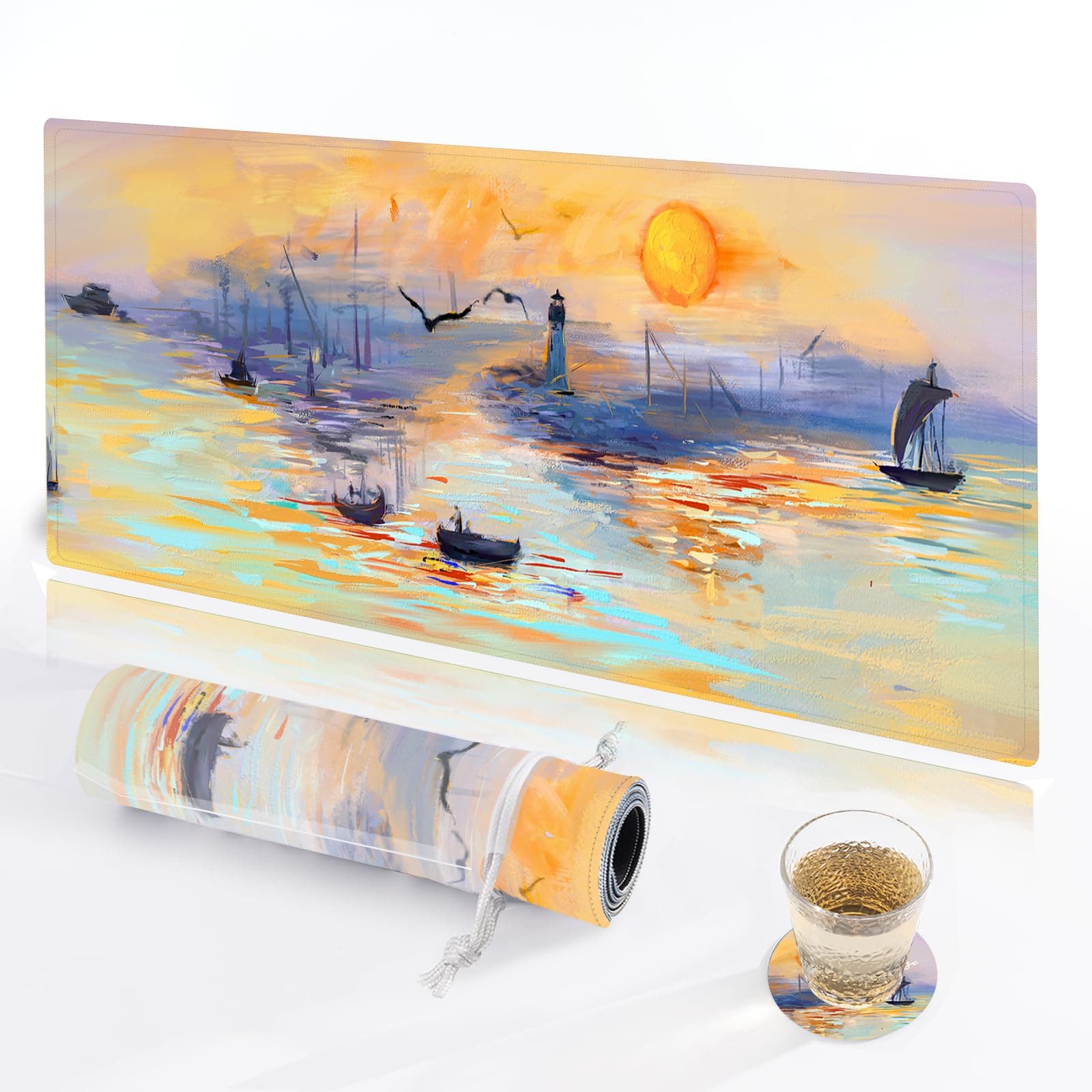KuZaiALi Art Painting Mouse Pad (Bouns: Coaster+Bag) 31.5x11.8-inch 3mm Thick Large Extended Game Mouse Pad Anti Slip and Waterproof Keyboard Pad Impression Sunrise