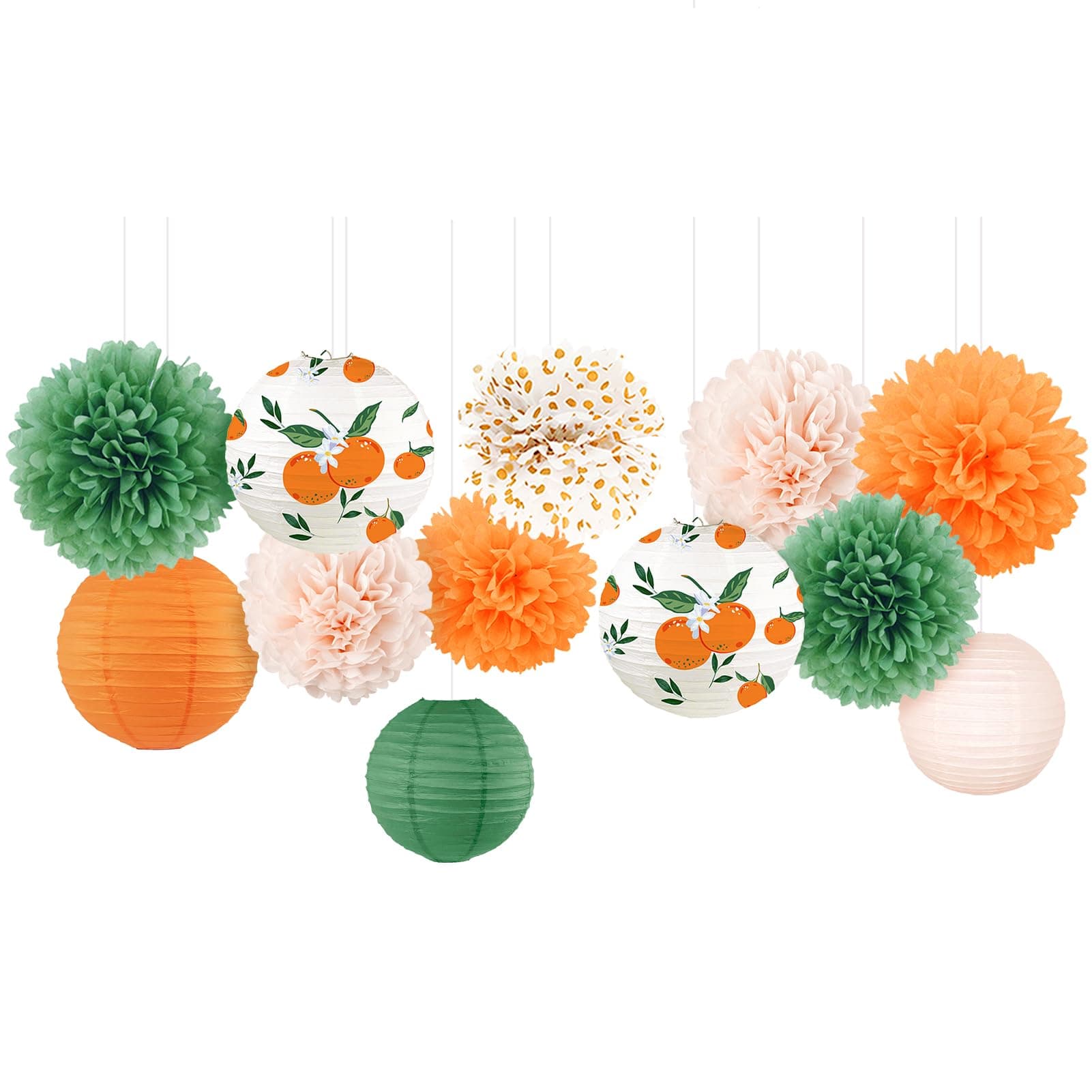 NICROHOME EUR Little Cutie Baby Shower Decorations, 12 PCS Light Orange Green Tissue Paper Pom Poms and Lanterns Set for Party Decorations, Birthday, Spring Summer Party, Fruit Themed Party Supplies