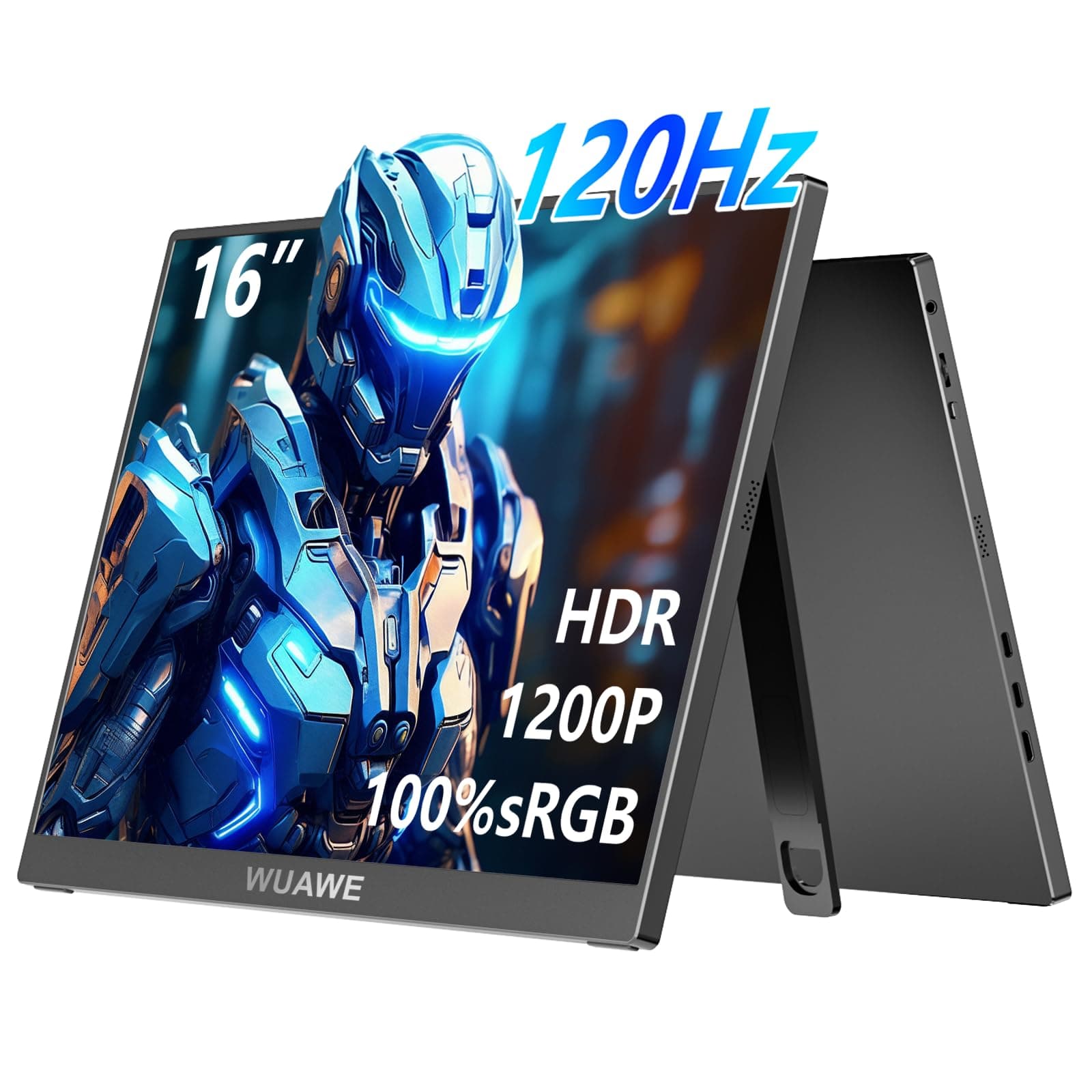 WUAWE 16" 1200P 120Hz Portable Monitor, 100% sRGB Portable Gaming Monitor with Built-in Stand,HDR and Freensync, External USB C Monitor for Laptop, PC, Phone, Switch and PS5 (Black)