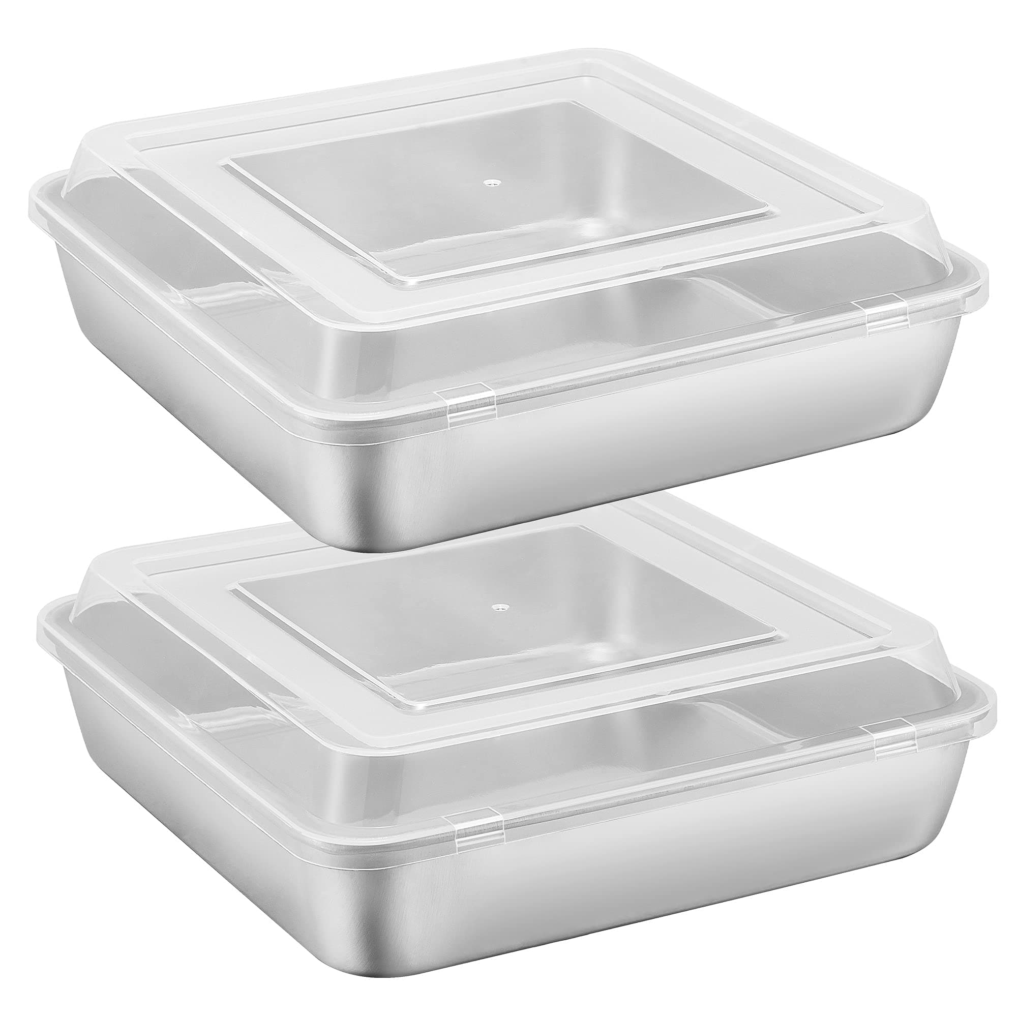 E-far Lot de 2 moules de cuisson carrés en acier inoxydable avec couvercle 22,9 x 22,9 cm Non toxiques et sains, faciles à nettoyer et passent au lave-vaisselle – 4 pièces (2 poêles + 2 couvercles)