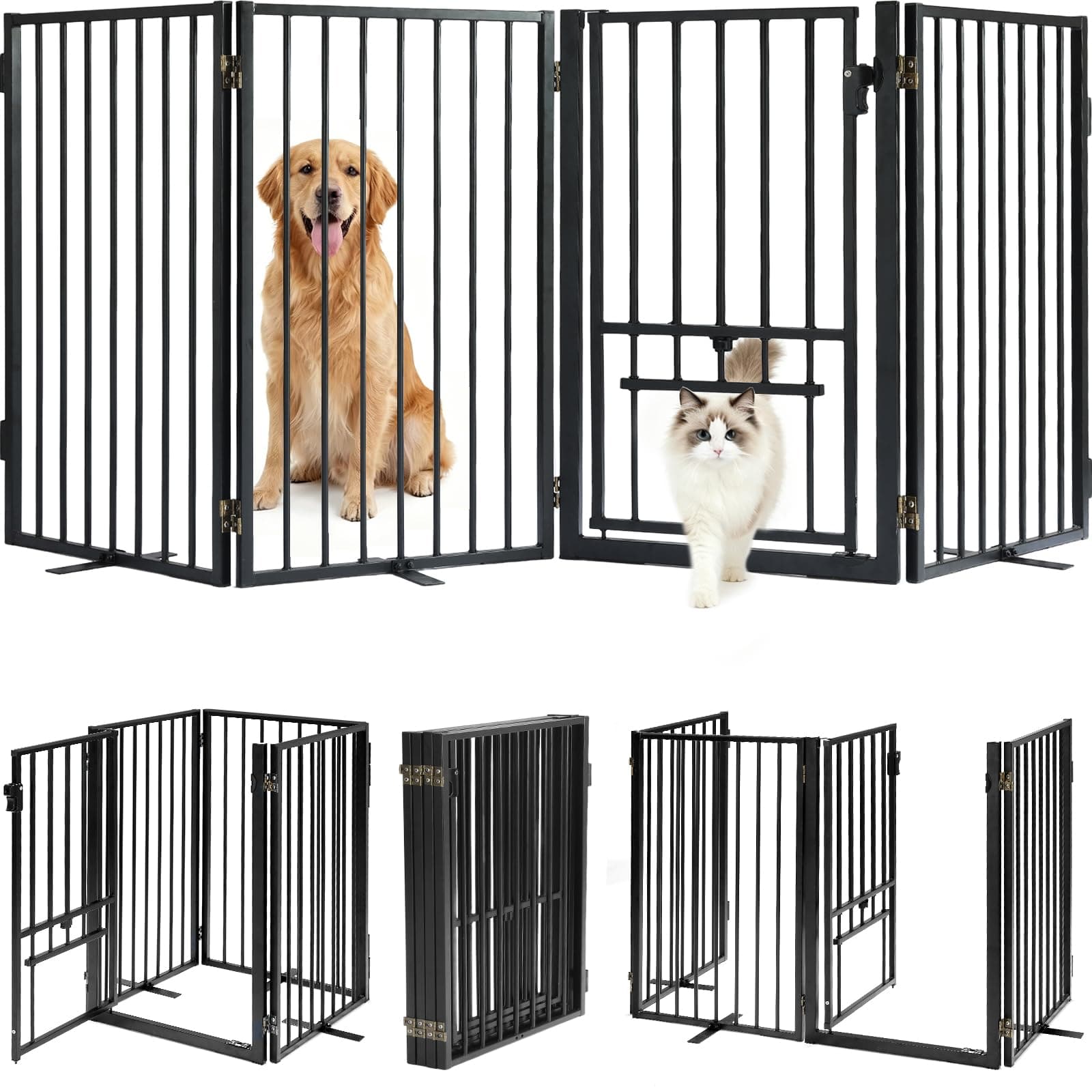 Metal Freestanding Dog Gate with Cat Door for Indoor & Outdoor,34" Tall Foldable Dog Fence,80" Extra Wide Freestanding Pet Gate for Large Openings,RV Camping,Stairs,Deck,Yard,Doorways(4 Panels,Black)