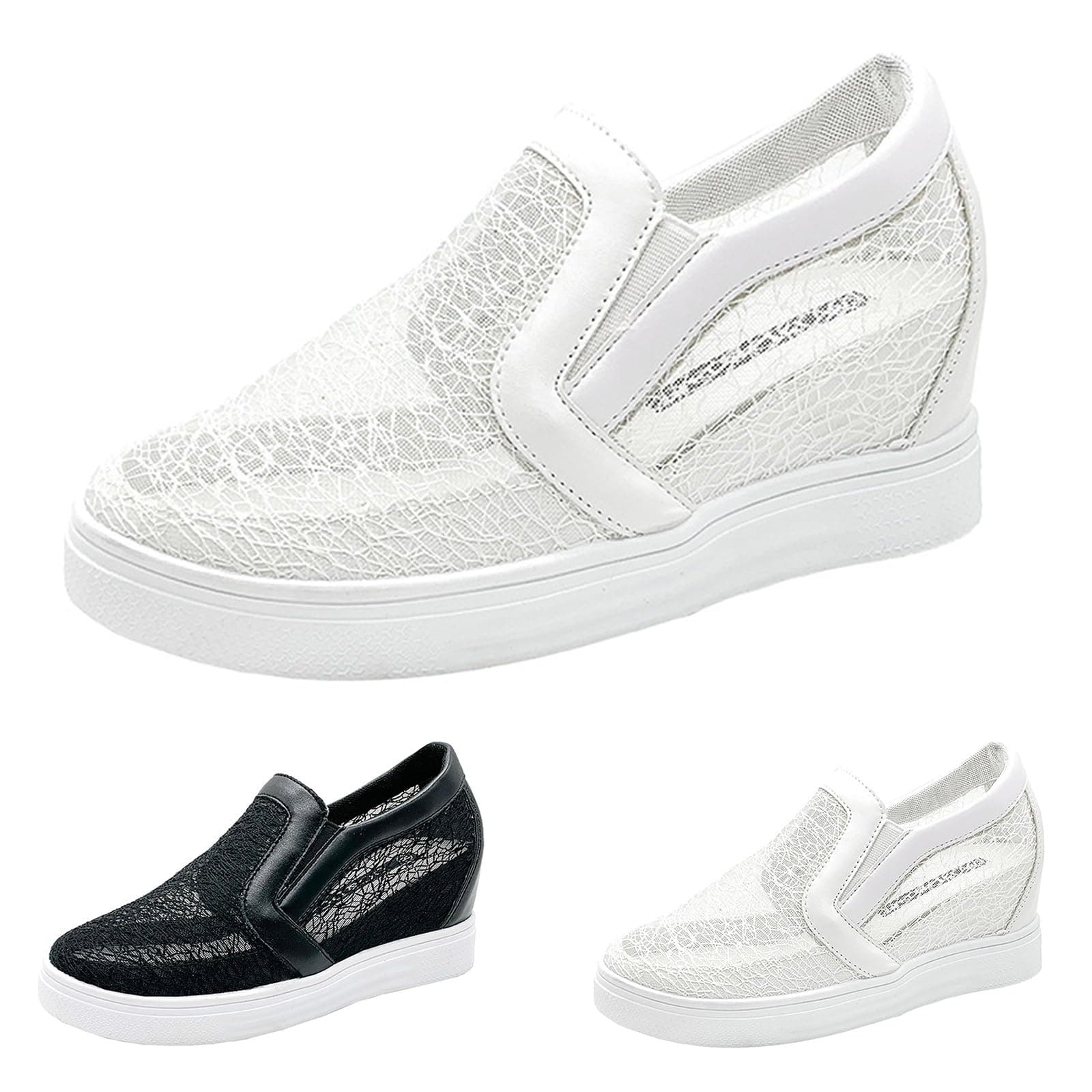 Size 4.5 Ladies Wedge Heel Trainers Hidden Wedge Sneaker Platform Bootie Stylish Trainers Shoes Slip on Womens Lace Shoes #003_Clearance White