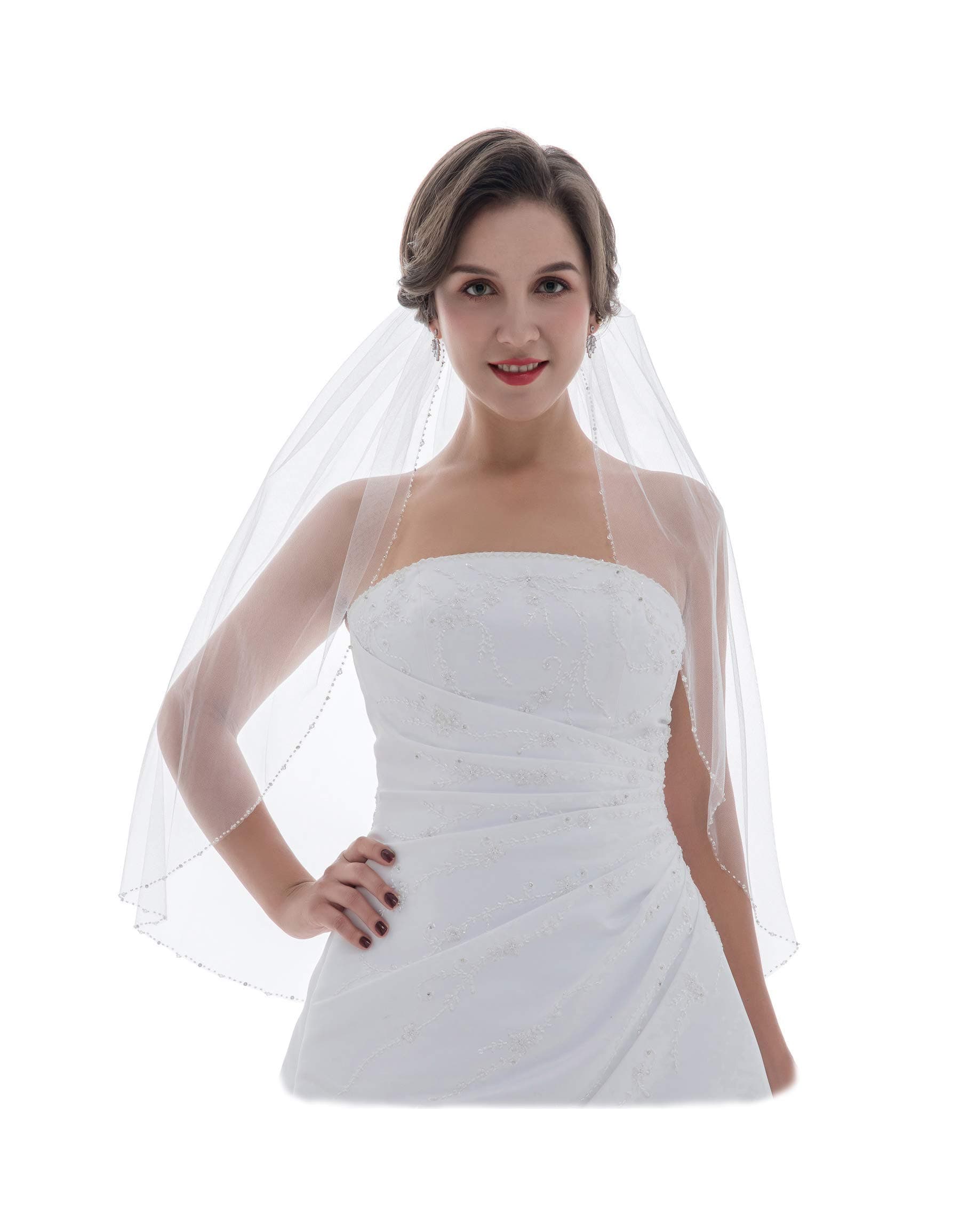 SAMKY 1T 1 Tier Crystals Silver Beaded Wedding Veil, White, Fingertip Length 36"