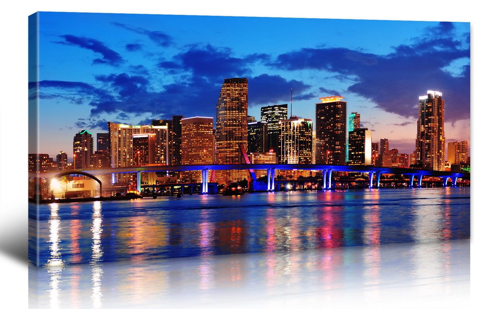 JiazuGo Large Wall Art for Office Miami Beach Skyline Night View City,Blue Modern Cityscape Canvas Wall Decor 20" X 40" Prints for Bedroom Living Room Home Decoration,Ready to Hang