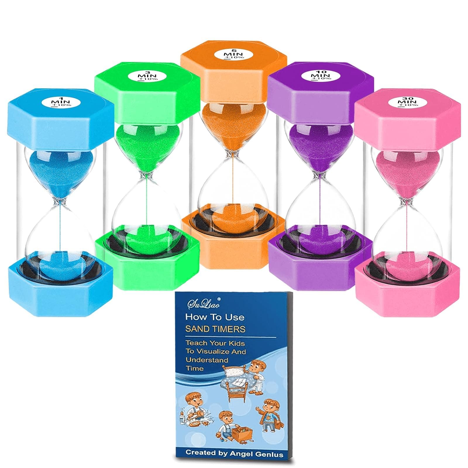 SuLiao Hourglass Sand Timer for Kids, Sand Clock 1/3/5/10/30 Minutes Set, Reloj de Arena Niños, Colorful Plastic Sand Watch Hour Glass Sandglass for Classroom, Games, Kitchen Decor(Pack of 5)