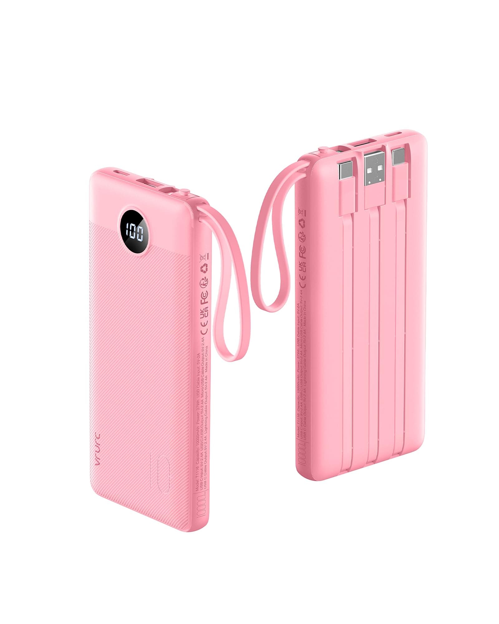 VRURC 10000mAh Portable Charger Power Bank Built-in Cable