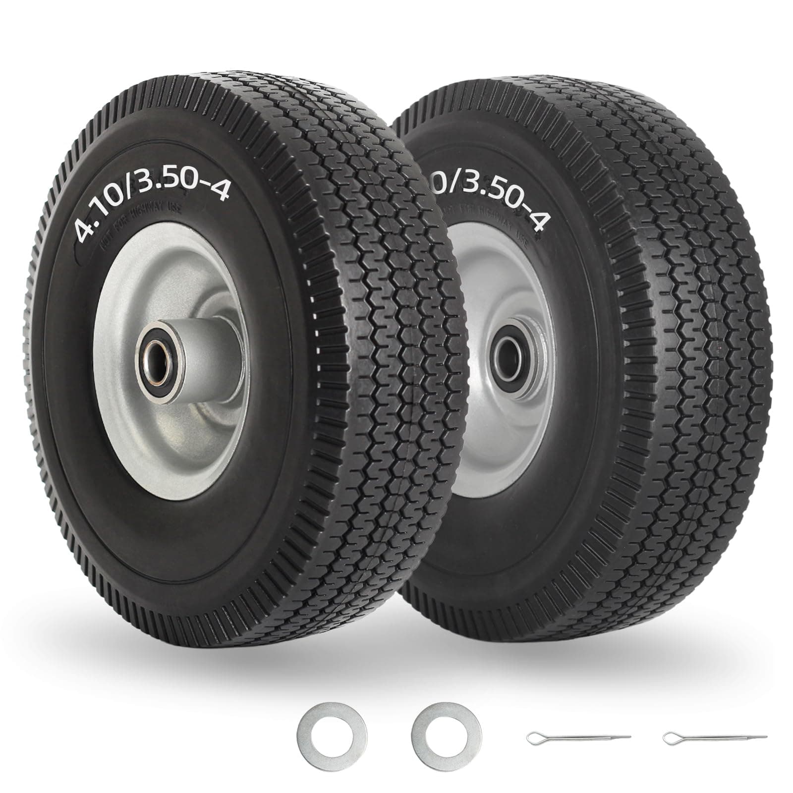 GICOOL 10-Inch 4.10/3.50-4" Flat-free Solid Tire and Wheel with 5/8" Axle Bore Hole, 2.2" Offset Hub for Hand Truck Gorilla Cart Garden WagonTrolley Dolly Lawn Mover Go Kart Replacement Tire, 4 Pack