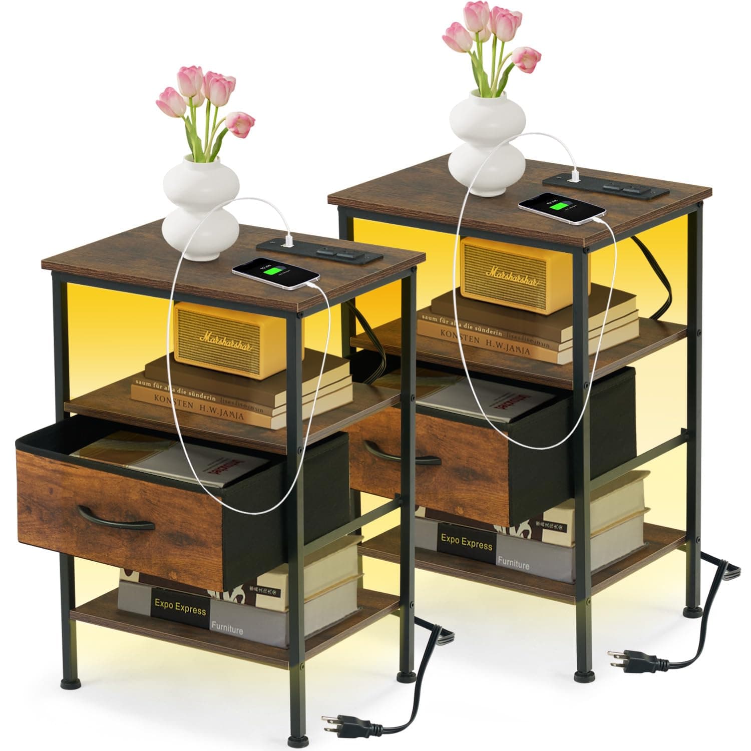 Nightstand with LED lights and Charging Station, Small Bed Side Table Night Stand with Drawer and Open Storage Shelf, End Table for Living Room, Bedroom, Closet, College Dorm, Set of 2, Rustic Brown