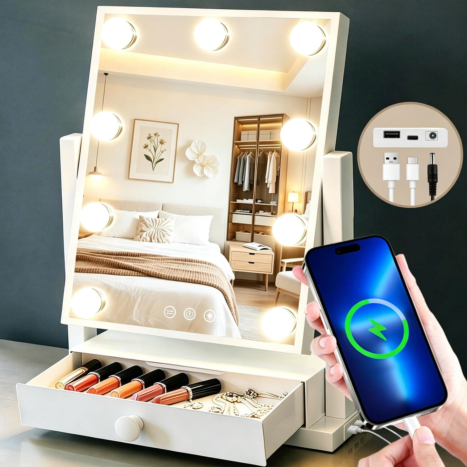 GETOVIN Vanity Mirror with Lights with Drawer,USB Charging Port, Hollywood Makeup Mirror with 9 Dimmable Bulbs,3 Color Lighting Modes, Detachable 5X Magnification, Smart Touch Control Gifts for Women