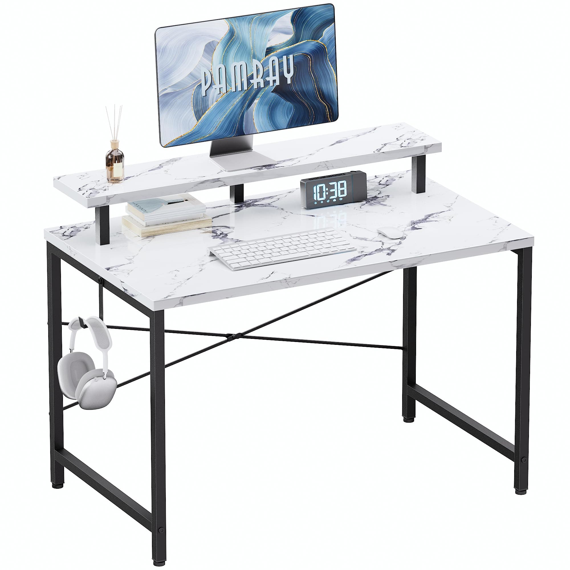 PAMRAY 32 Inch Small Computer Desk with Monitor Stand, Simple Office Desk with Headphone Hook for Small Spaces, Kids Study Writing Table for Bedroom, Marble