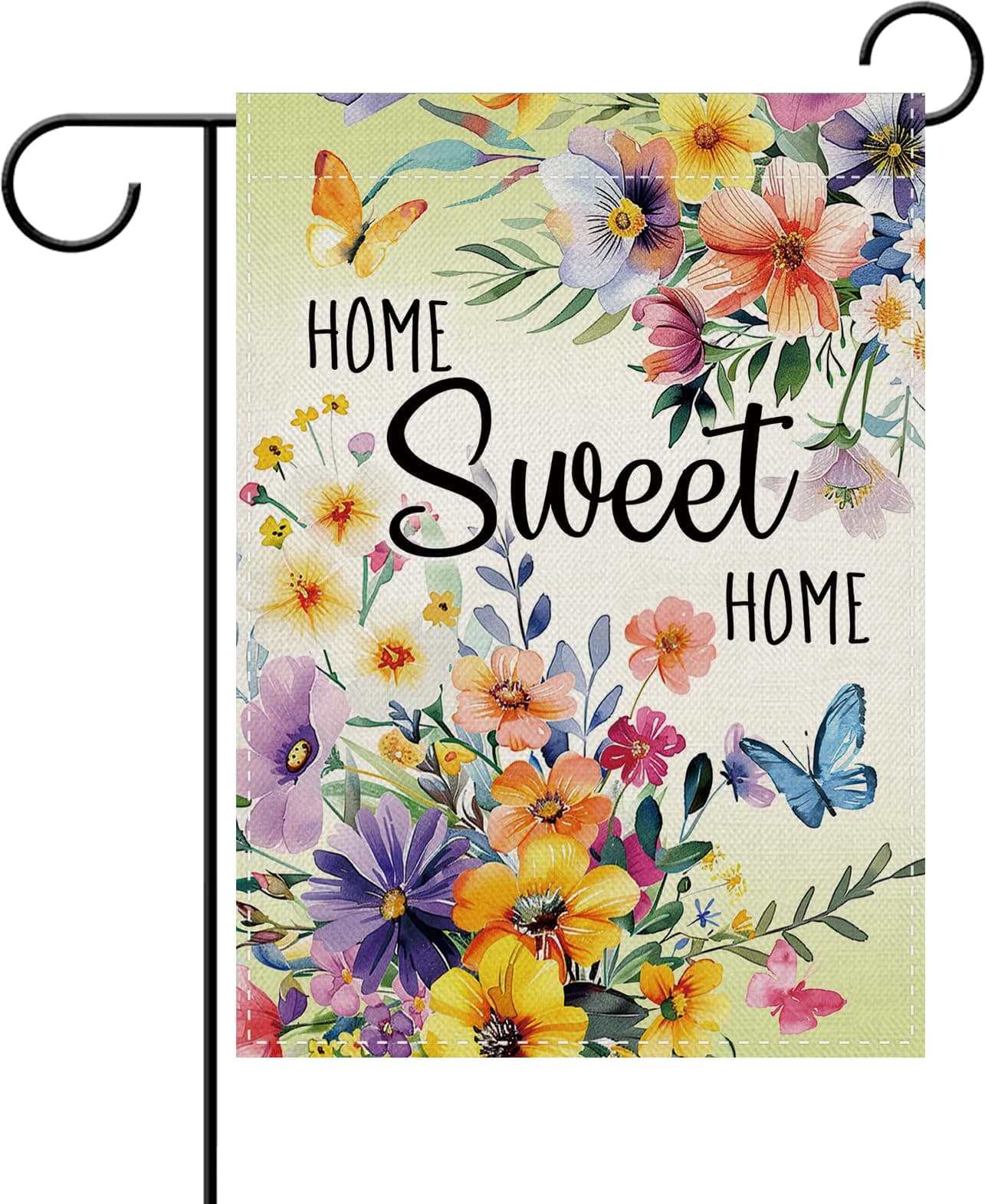 Dyrenson Spring Summer Floral Decorative Garden Flag, Home Sweet Home Flower Butterfly Yard Outside Home Decoration, Wildflower Botanical Burlap Family Outdoor Small Decor Double Sided 12 x 18