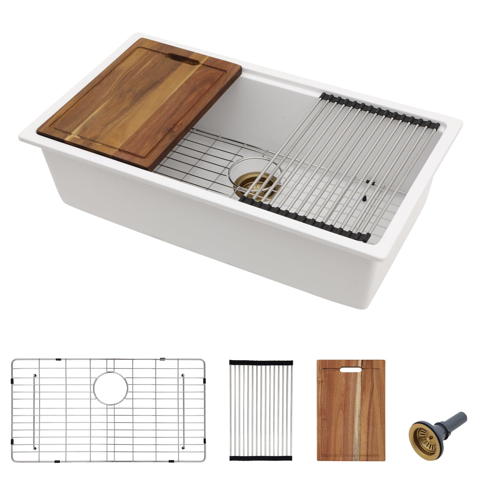 33 Granite Composite Kitchen Sink - Fulorni 33"x19" Kitchen Sink Undermount Ledge Workstation White Granite Quartz Composite Under Counter Single Bowl Sink Basin with Gold Drainer