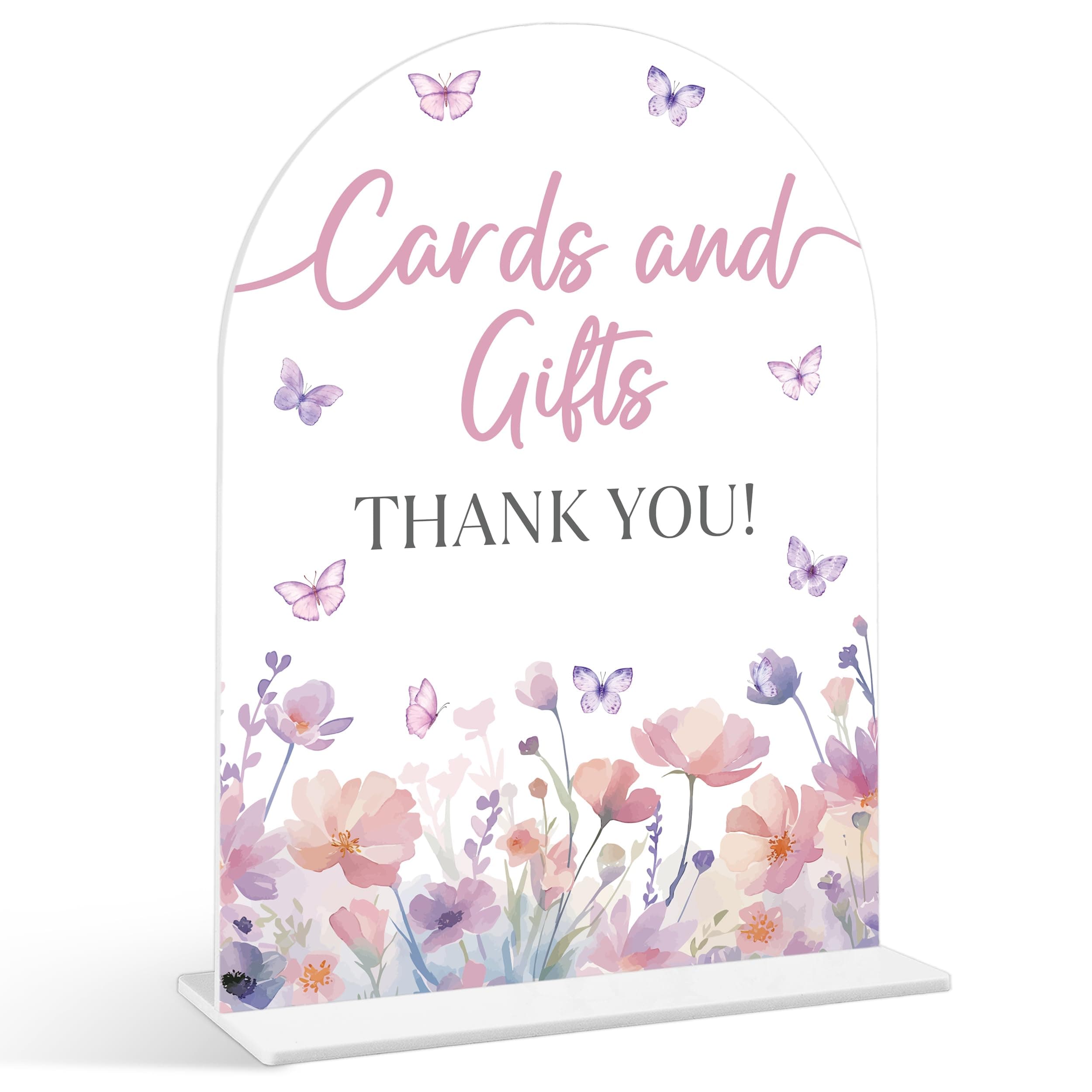 Cards and Gifts Sign - Butterfly Baby Shower Sign, 1 Pack Arch Acrylic Sign with Stand, Gender Reveal Party Table Decor, Purple Butterfly Baby Shower Supplies (SE09)
