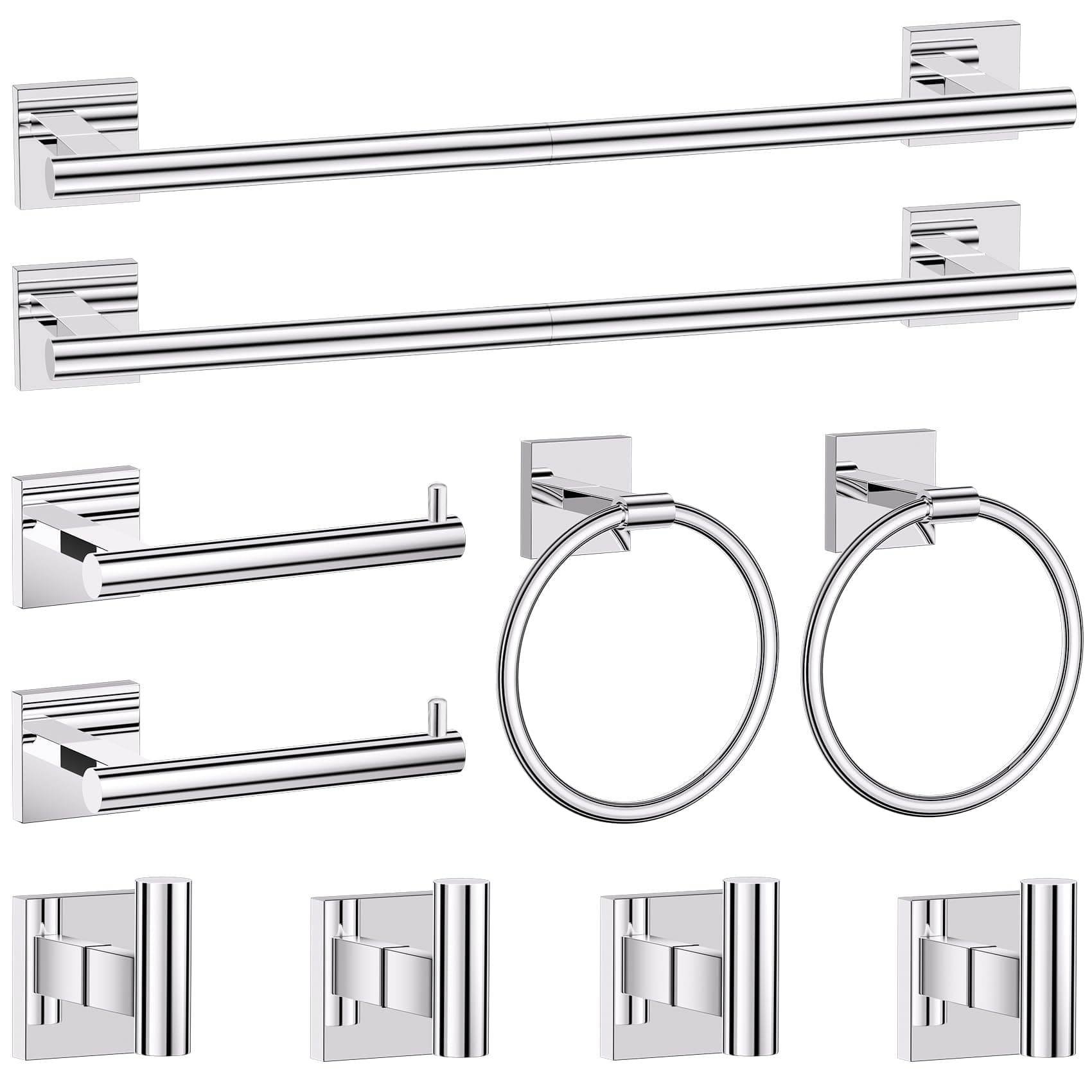 Polished Chrome Bathroom Hardware Accessories Towel Bar Set, 10 Pieces Bathroom Towel Bar Holder Set, 23.6 Inch Stainless Steel Toilet Paper Holder Towel Racks for Bathroom Wall Mounted