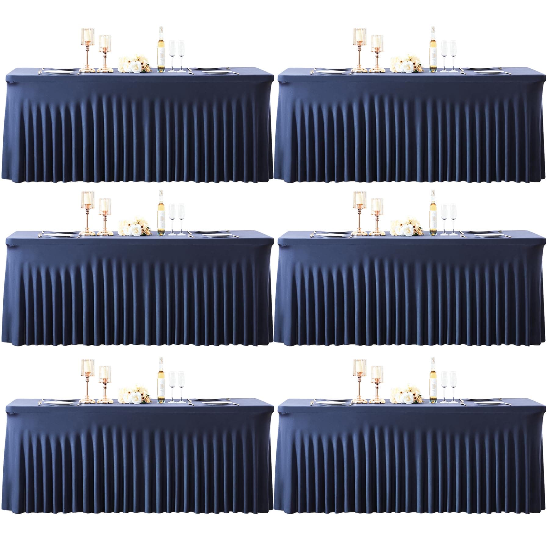 6 Pack 8ft Navy Blue Spandex Table Cloths for Rectangle Tables Wrinkle Free Rectangle Tablecloths, Stretch Fitted Table Cover with Skirt for Birthday Party Wedding Banquet Baby Shower Buffet Event