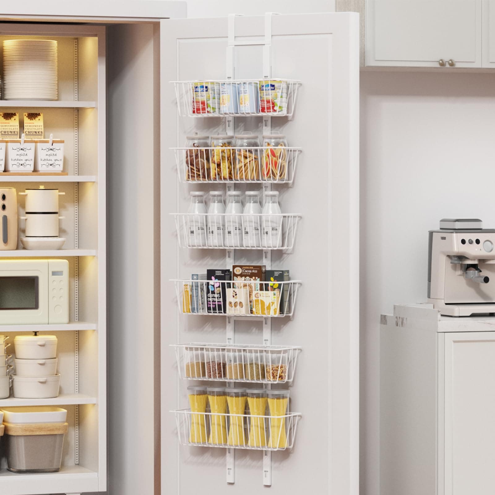 Upesitom 6 Tier Over the Door Pantry Organizer, Foldable Metal Over the Door Hanging Spice Rack with 6 Baskets, Adjustable No Drill Hanging Storage Rack for Kitchen, Bedroom, Laundry, Bathroom, White