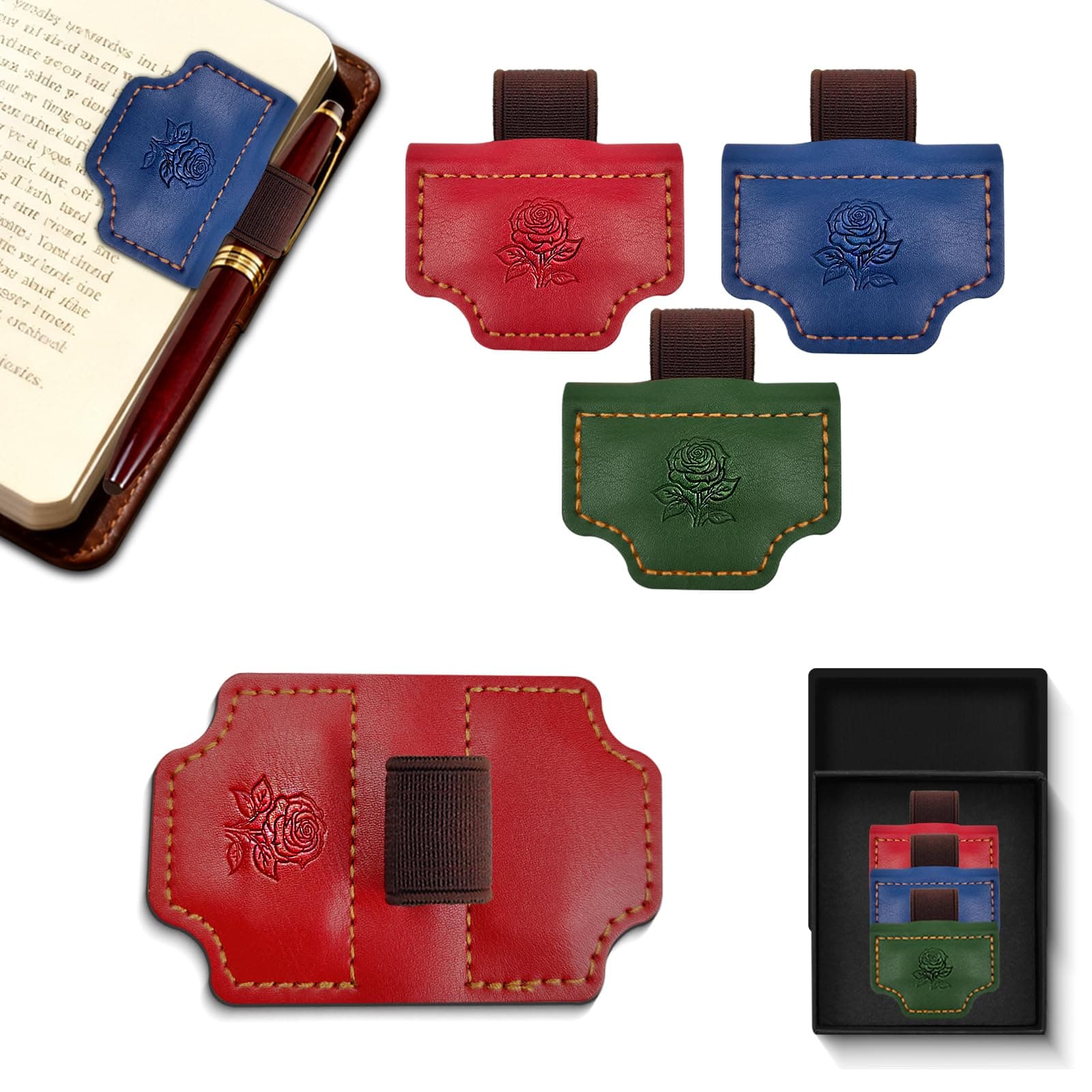 Bygone Mark Bookmarks with Pen Holders, Magnetic Bookmarks Featuring Rose Patterns, and Leather Pen Clip Suitable for Both Men and Women, Making Them Perfect Gifts for Book Lovers(red Blue Green)
