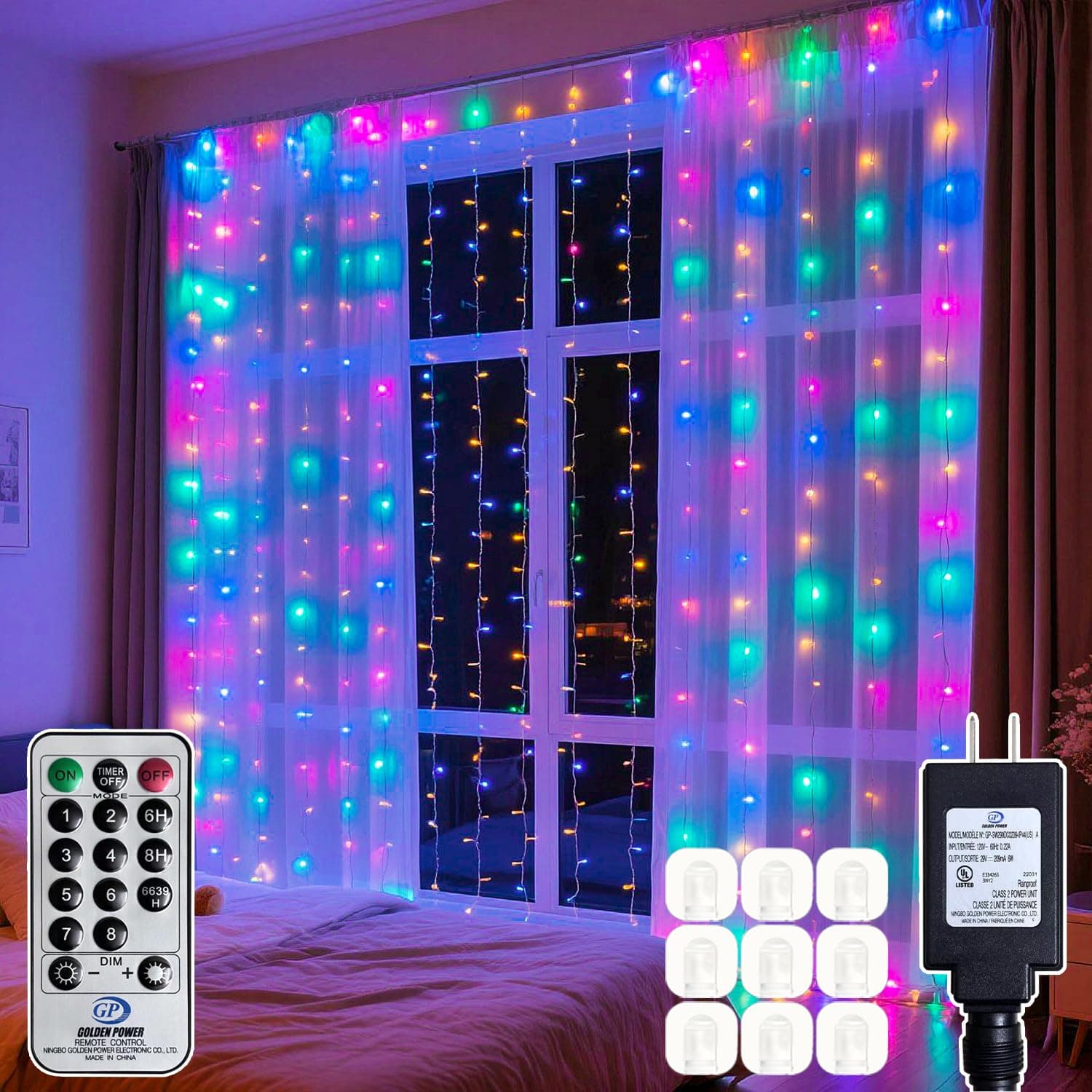 200 LED Multicolor Rainbow Curtain String Lights 9.8x6.6FT, Plug in Fairy Lights with 9 Hooks, Dimmable, Timer & 8 Modes, IP44 Waterproof, Bedroom Wall Wedding Party Christmas Indoor Outdoor Decor