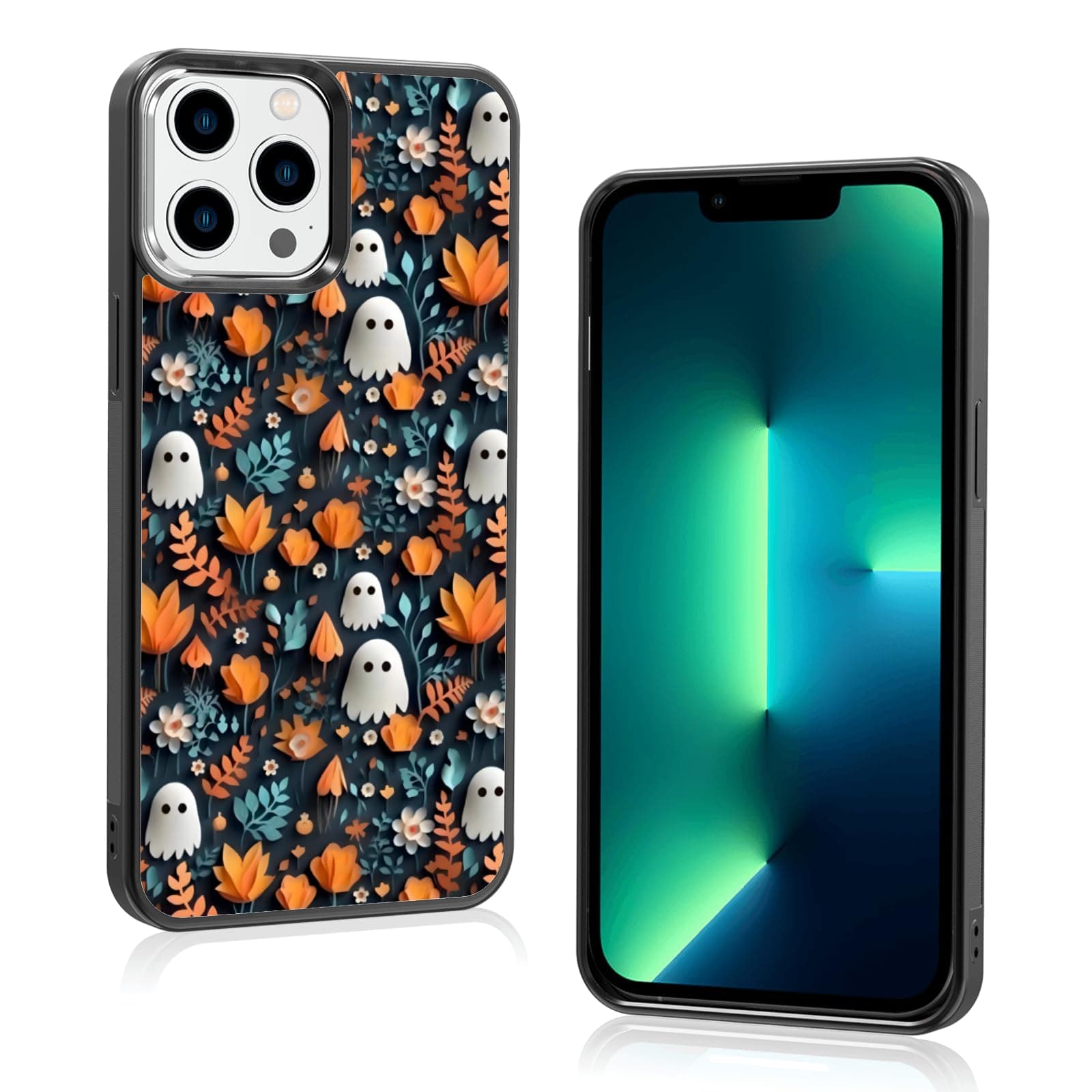 Onemiliayears Cute White Small Spooky Halloween Ghost Phone Case, Flower Ghost iPhone 13 Pro Max Case, Non-Slip Mobile Phone Case, for Teen Girls and Boys, Women and Men(13 Pro Max)