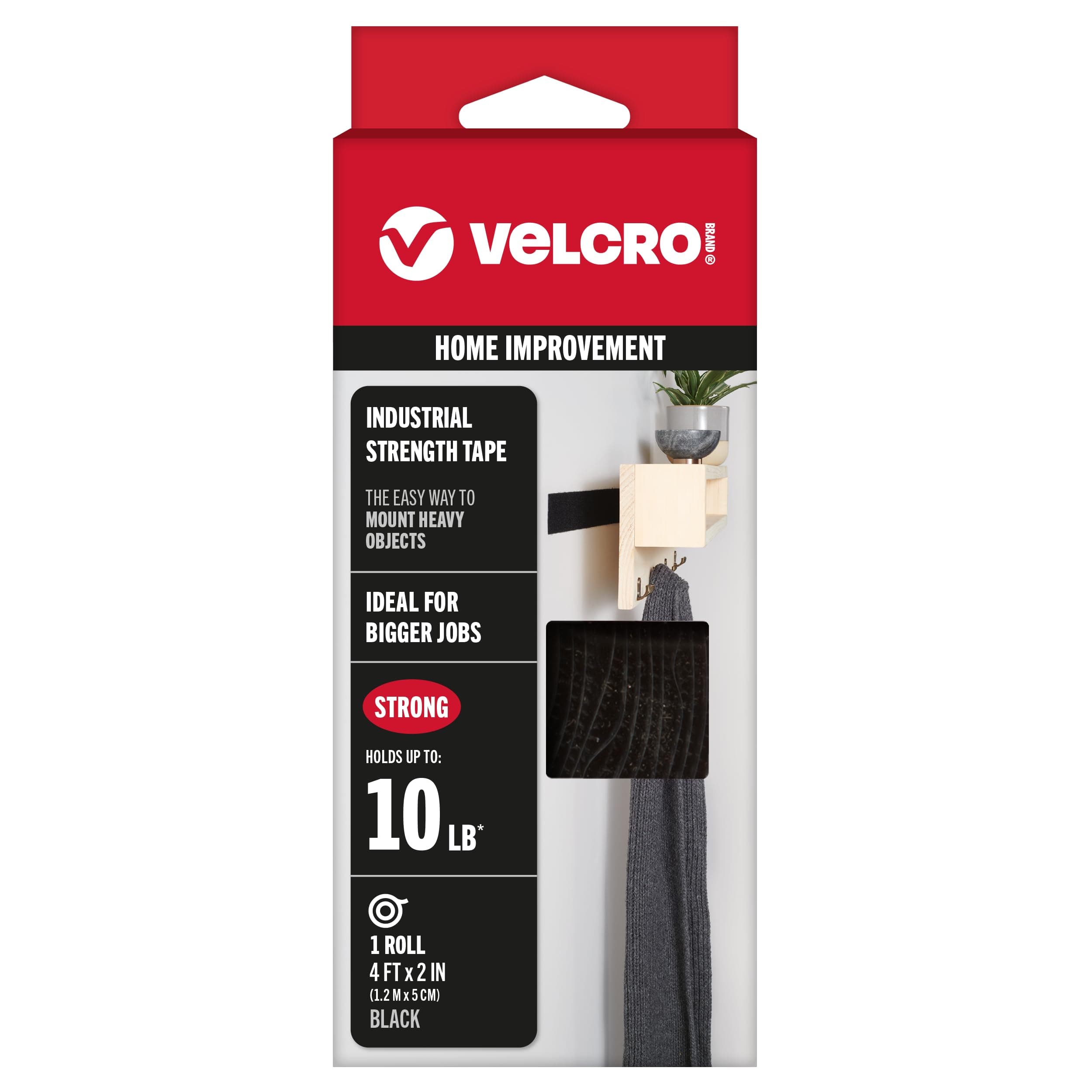 VELCRO Brand-Industrial Strength | Indoor & Outdoor Use | Superior Holding Power on Smooth Surfaces | Size 4ft x 2in | Tape, Black-Pack of 1, (Model: 90593)