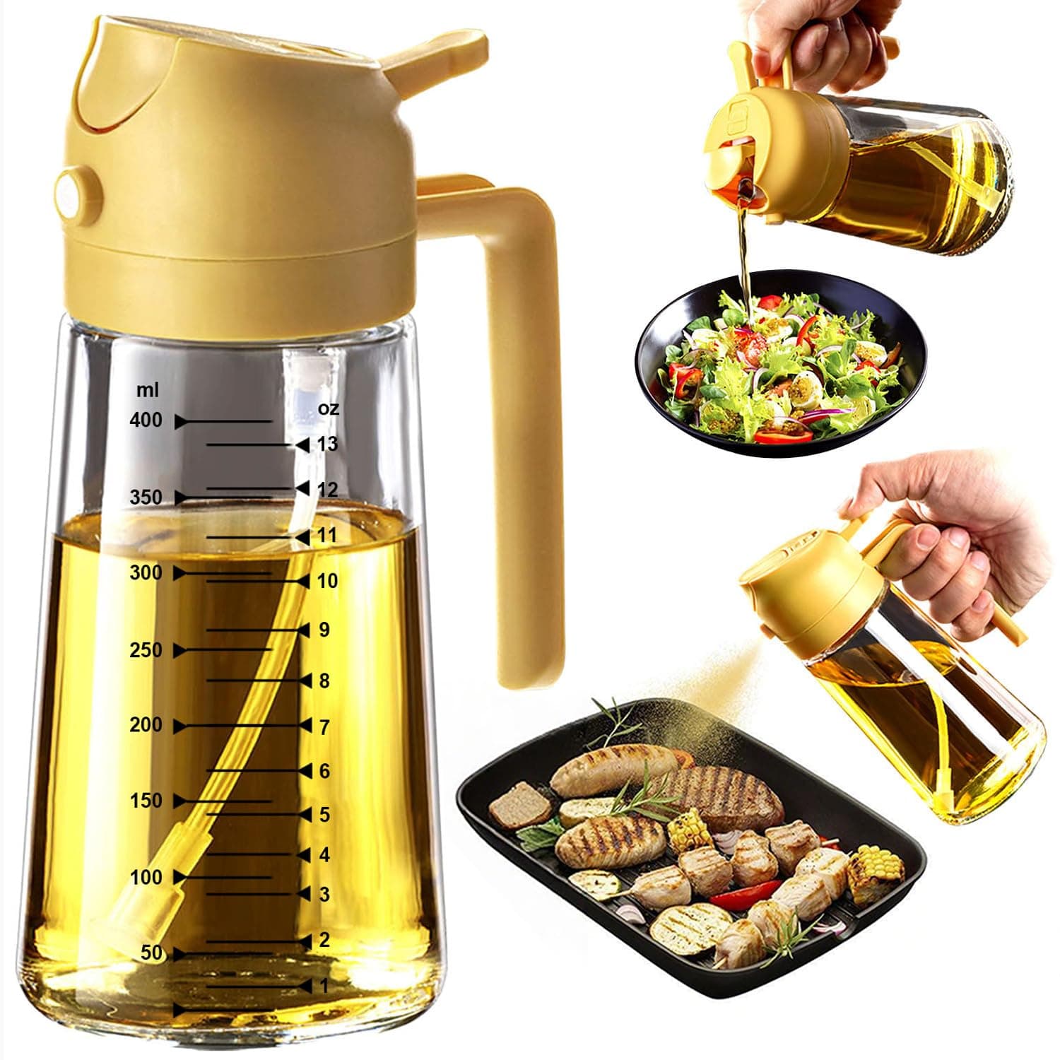 TrendPlain 470ml Olive Oil Spray Bottle for Kitchen Gadgets - 2 in 1 Olive Oil Dispenser Bottle and Air Fryer Accessories for Cooking, Salad and BBQ - Yellow