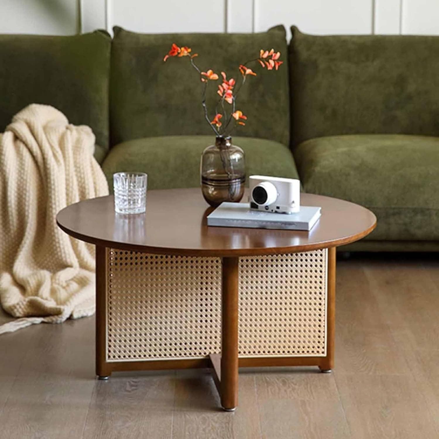 Modern Floor Tables Rattan Coffee Table,Solid Wood Table Top Cross Table Legs Tea Table for Home Living Room Office Bedroom