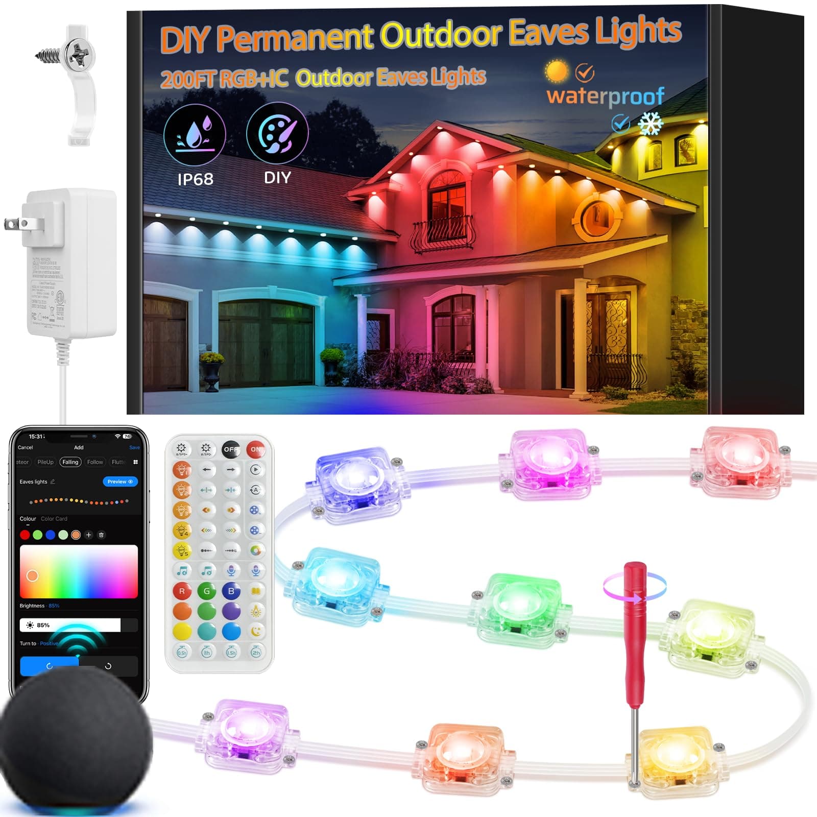 Skzlibry Permanent Outdoor Lights for House Decor, RGB+IC, 200FT with 80LED