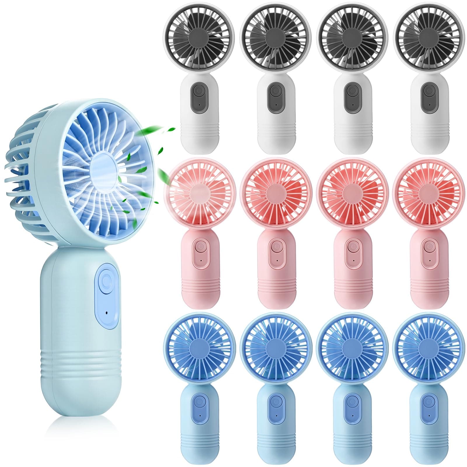 Rossesay 12 Pack 12 Pack Mini Portable Handheld Fan Bulk for Travel 3 Speeds, Rechargeable USB Battery Operated, Small Personal Eyelash Fans for Women Men Indoor Outdoor (Blue,White,Pink)