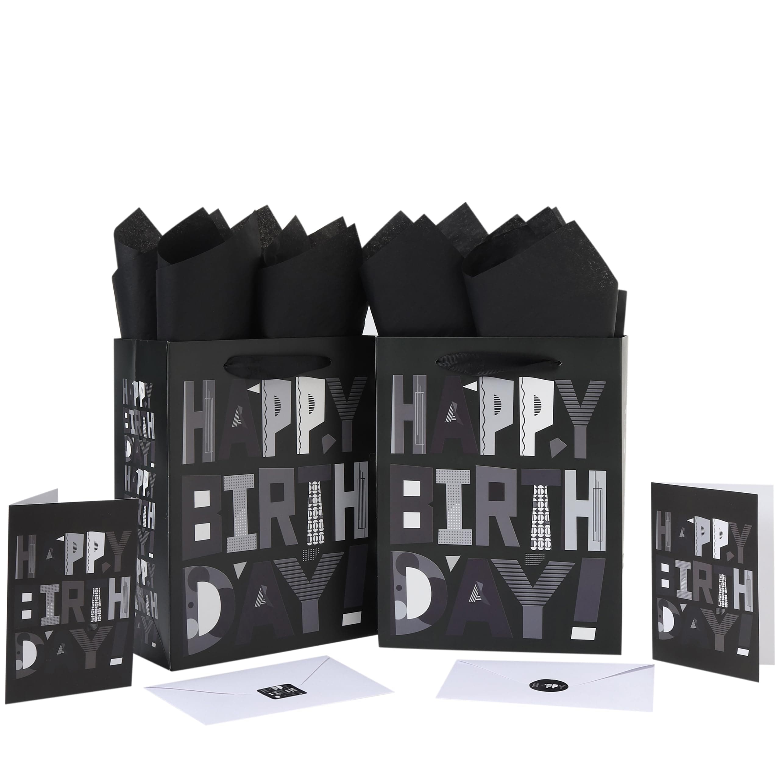 2-Pack 10.6” Medium Black Happy Birthday Gift Bag Set with Greeting Cards and Tissue Papers for Men Boys Kids Teens, Cartoon Birthday Design, 2 Pcs