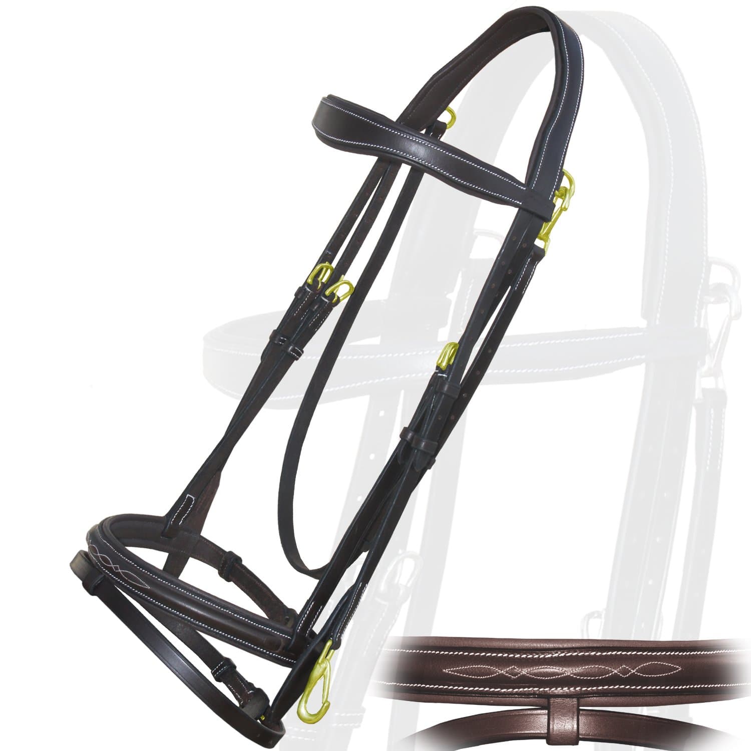 Exion Quick Change Snap English Bridle for Horses – Padded Anatomic Leather Jumping Bridle Set with Rubber Reins – Gold Brass Snaps Wave Browband Raised Cavesson Show Tack, Cob Full Warmblood
