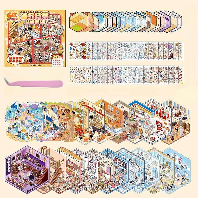 20 Sets 3D DIY Sticker Scenes Collection Gift Box,3D House Stickers Set Make Your Own Miniature House Sweets Shop Hamburg Restaurant Stickers Therapy for Adult Relief Stress Pass The Time