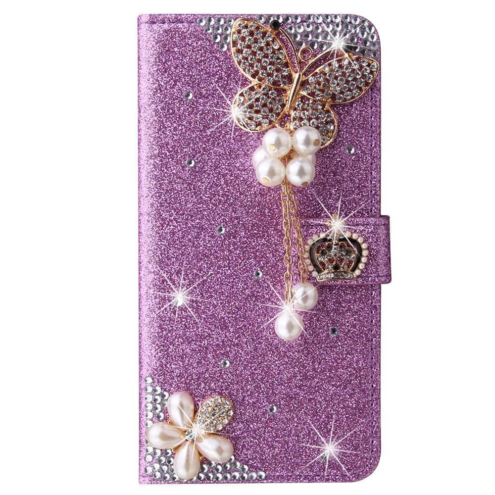 SupShop for Google Pixel 10A Bling Case Luxury Cute Shine 3D Butterfly Pearl Flower Sparkly Diamond Glitter Leather Wallet Card Slots Phone Cover,Magnetic Clasp Stand for Women Girls,Purple