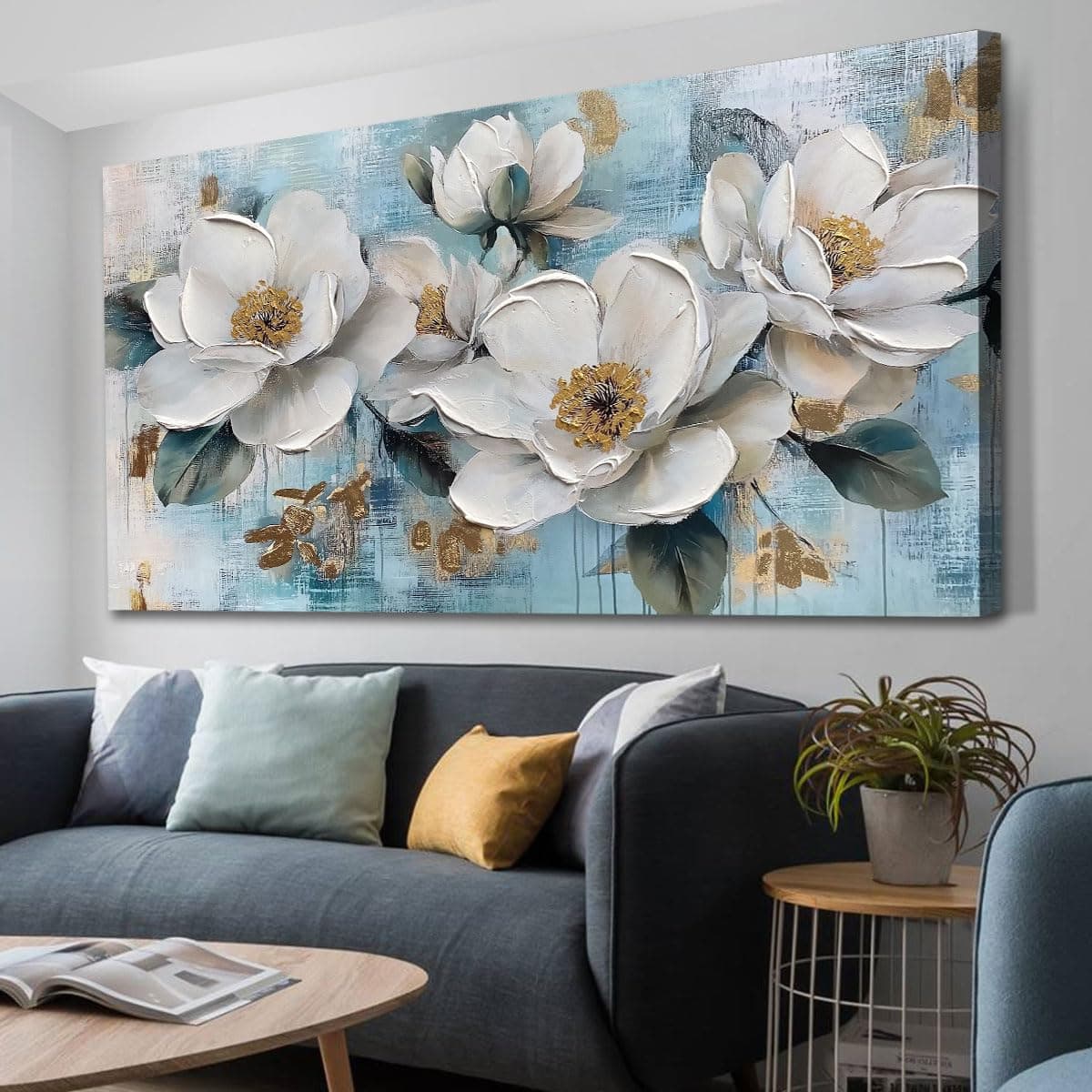 Ardemy Flower Wall Art for Living Room White Floral Canvas Art Wall Decor, Magnolia Teal Picture Textured Extra Large Painting Turquoise Framed Artwork Bedroom Dining Room Kitchen Home Office 58"x29"